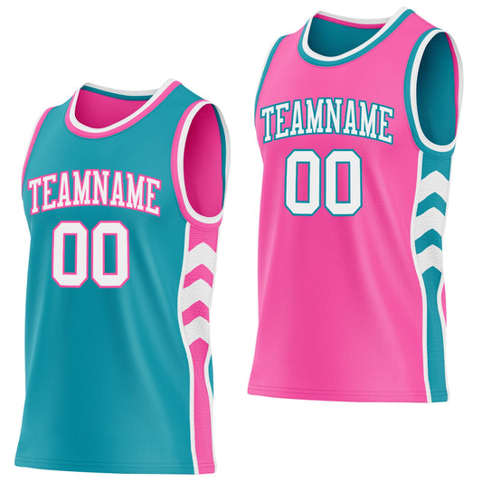 Custom Teal White-Pink Side Panel Geometric Chevron Reversible Double Side Sublimation Basketball Set Jersey - Main View