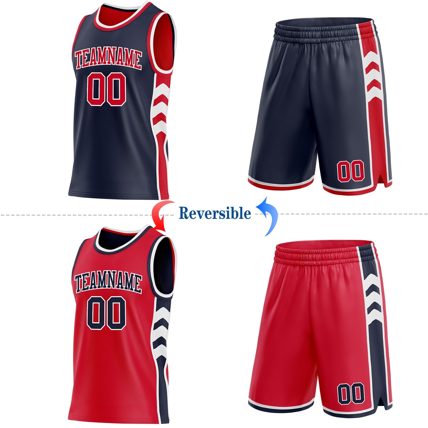 Custom Navy Red-White Side Panel Geometric Chevron Reversible Double Side Sublimation Basketball Set Jersey view 2