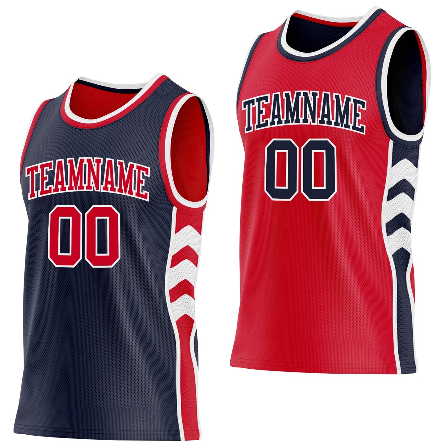 Custom Navy Red-White Side Panel Geometric Chevron Reversible Double Side Sublimation Basketball Set Jersey - Main View