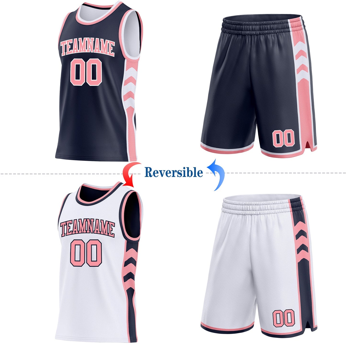 Custom Navy Medium Pink-White Side Panel Geometric Chevron Reversible Double Side Sublimation Basketball Set Jersey view 2
