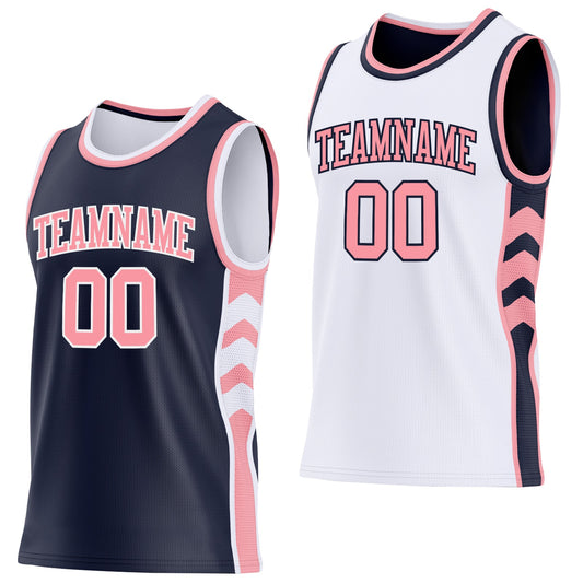 Custom Navy Medium Pink-White Side Panel Geometric Chevron Reversible Double Side Sublimation Basketball Set Jersey - Main View