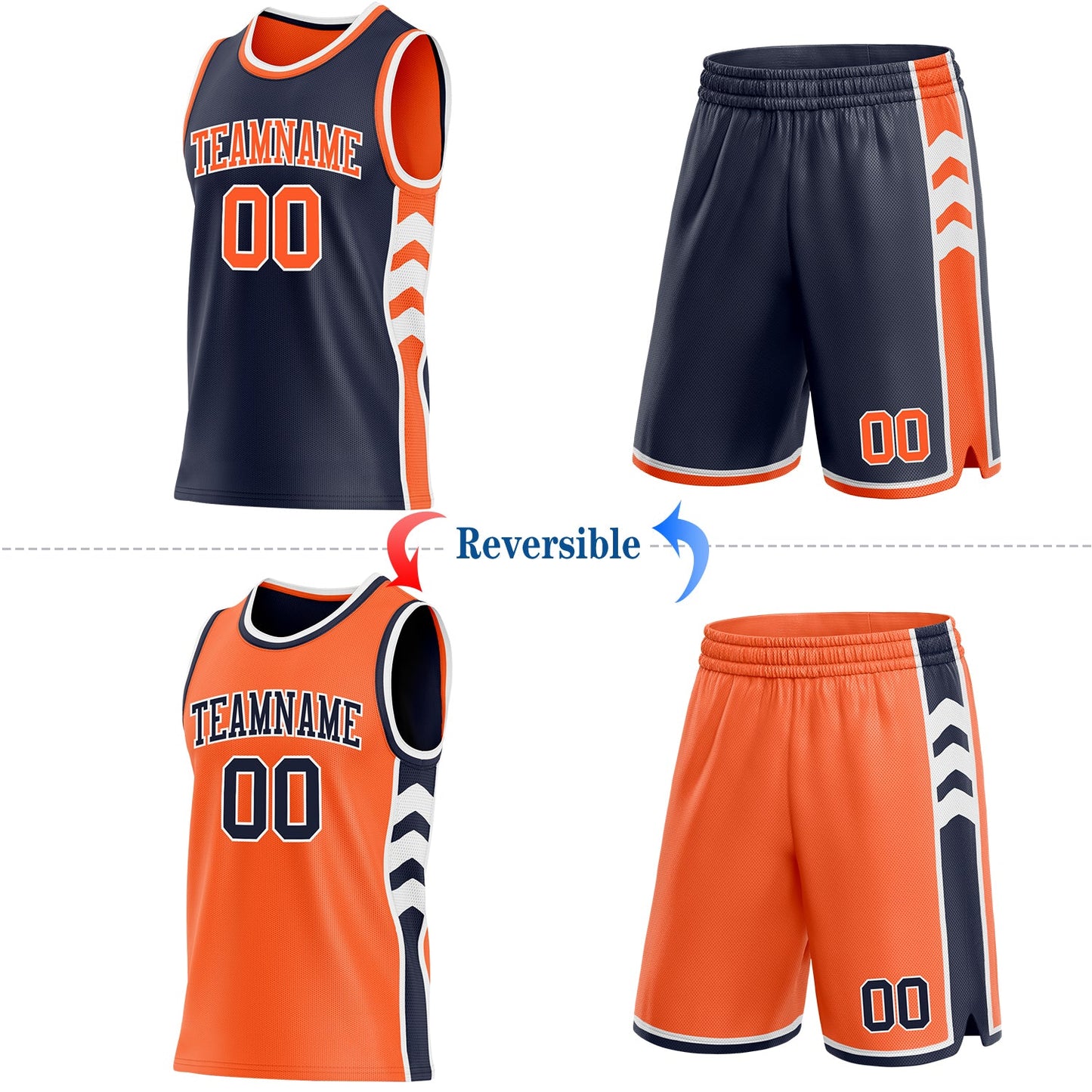 Custom Navy Orange-White Side Panel Geometric Chevron Reversible Double Side Sublimation Basketball Set Jersey view 2