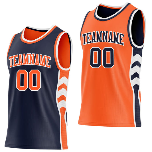 Custom Navy Orange-White Side Panel Geometric Chevron Reversible Double Side Sublimation Basketball Set Jersey - Main View