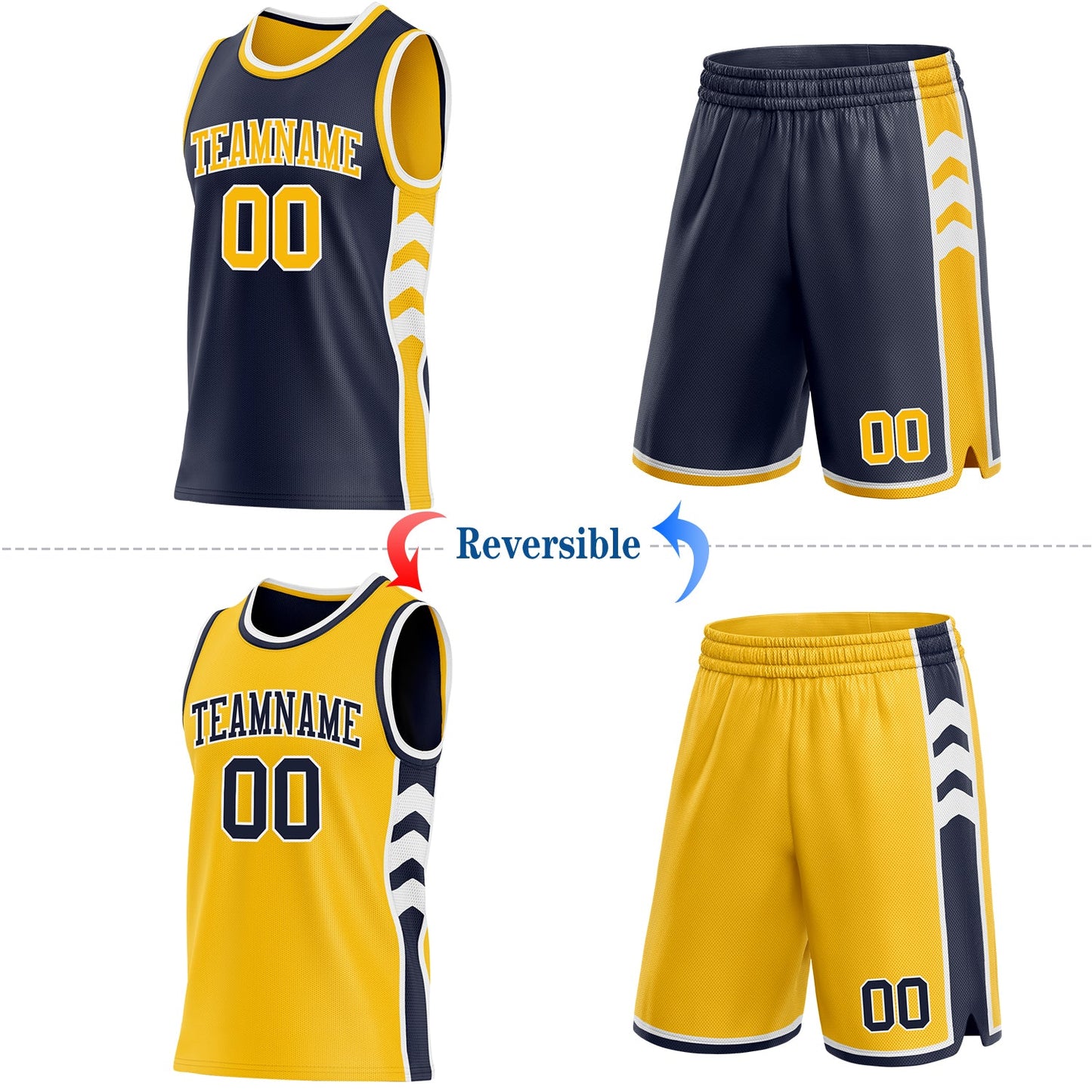 Custom Navy Gold-White Side Panel Geometric Chevron Reversible Double Side Sublimation Basketball Set Jersey view 2
