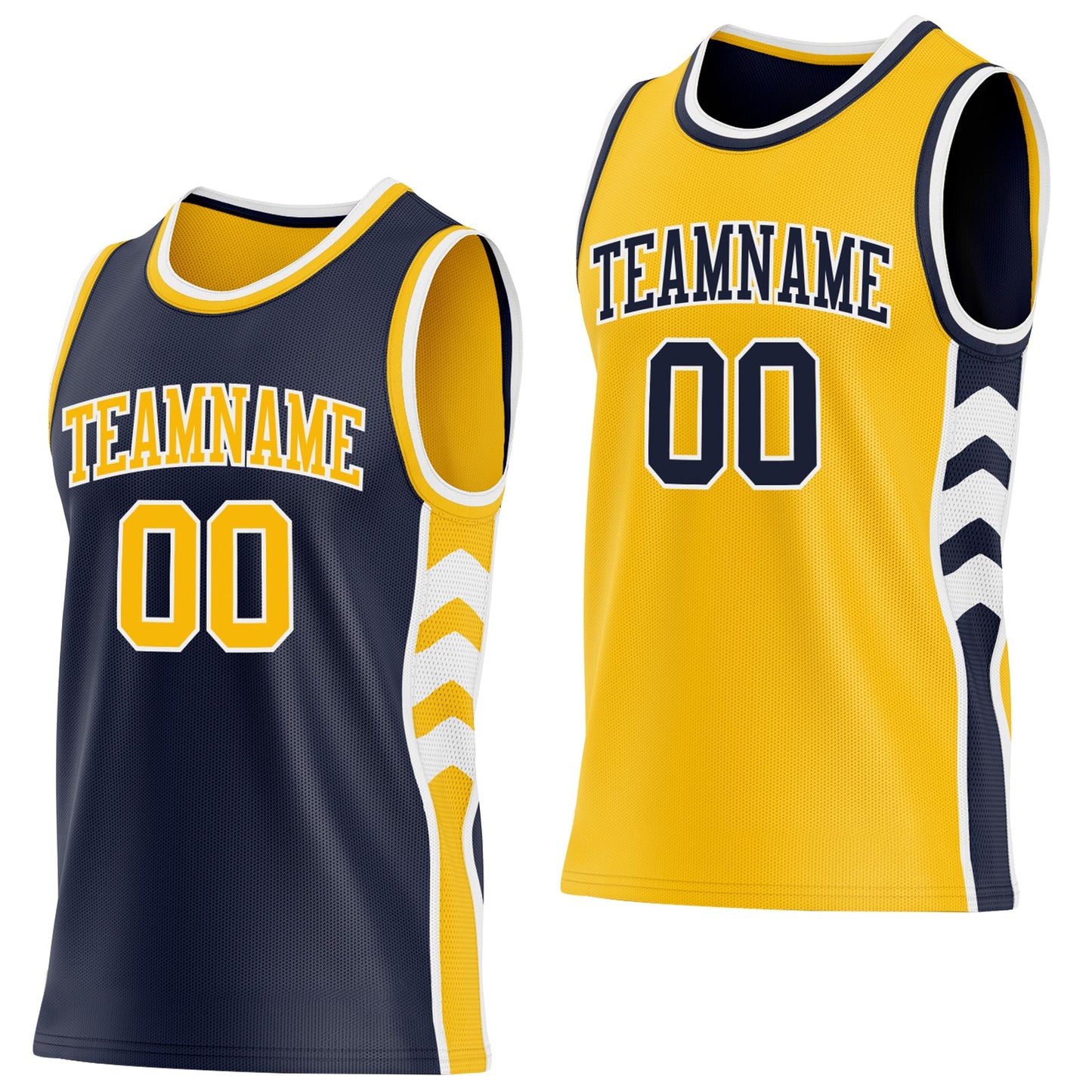 Custom Navy Gold-White Side Panel Geometric Chevron Reversible Double Side Sublimation Basketball Set Jersey - Main View