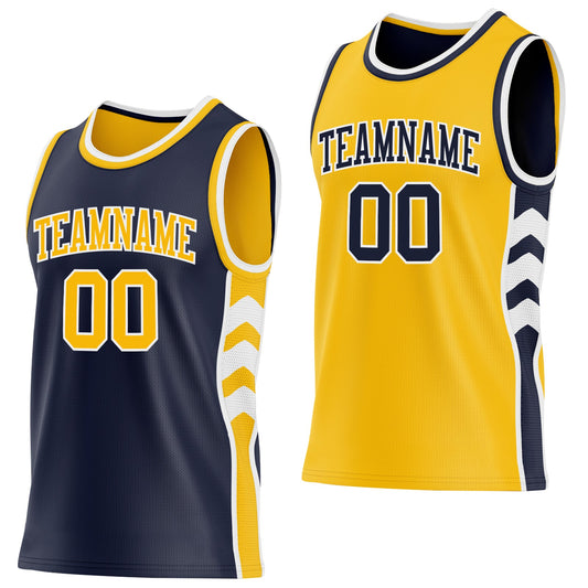 Custom Navy Gold-White Side Panel Geometric Chevron Reversible Double Side Sublimation Basketball Set Jersey - Main View