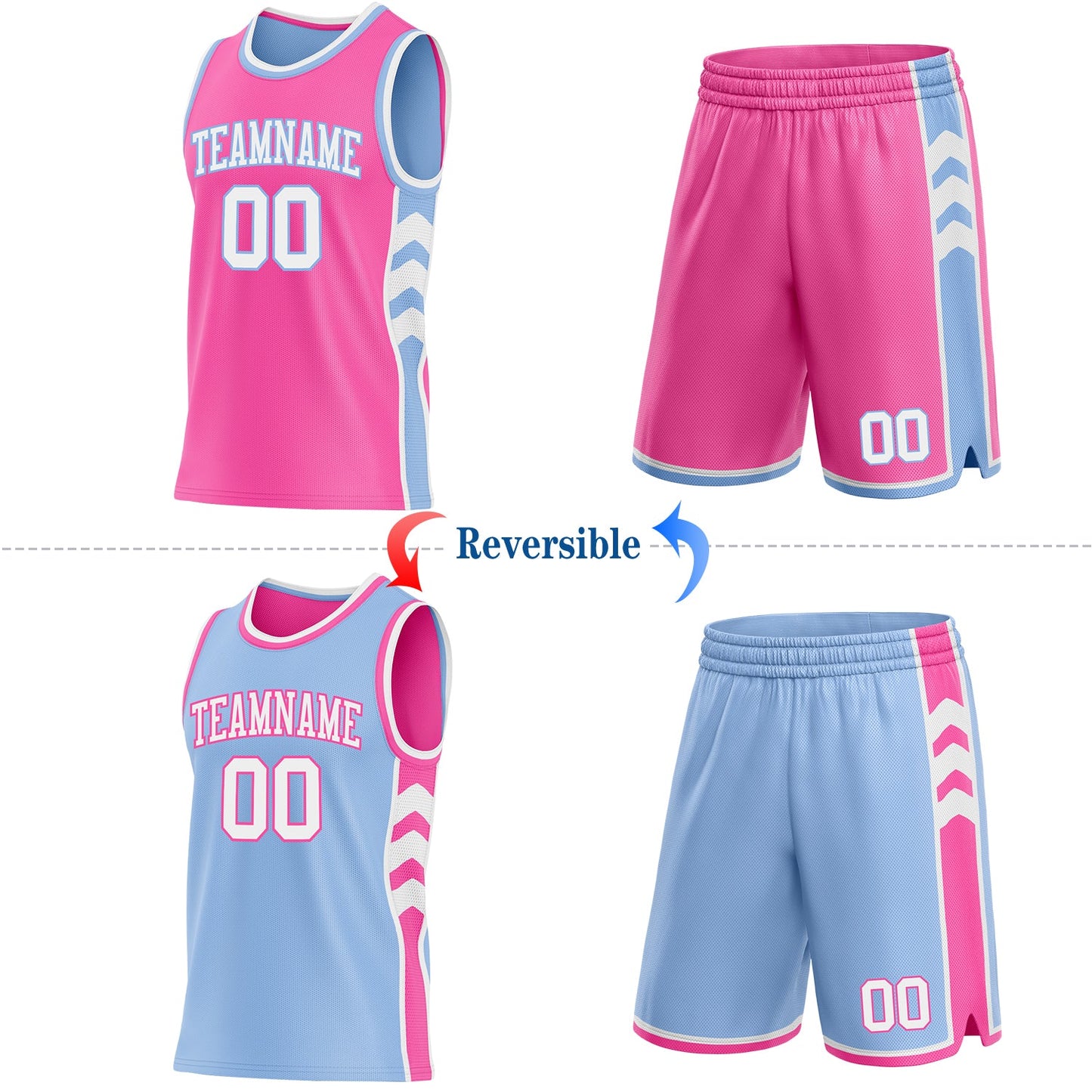 Custom Pink White-Light Blue Side Panel Geometric Chevron Reversible Double Side Sublimation Basketball Set Jersey view 2