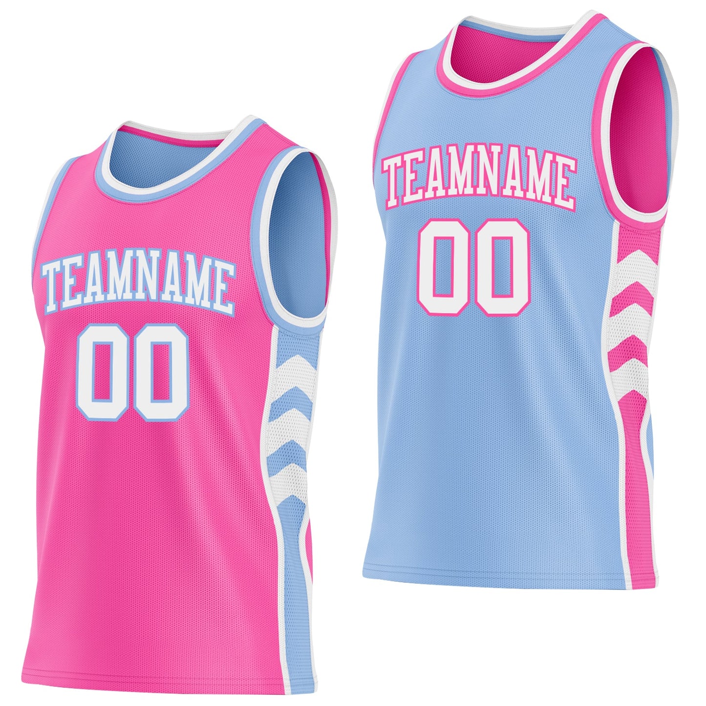 Custom Pink White-Light Blue Side Panel Geometric Chevron Reversible Double Side Sublimation Basketball Set Jersey - Main View