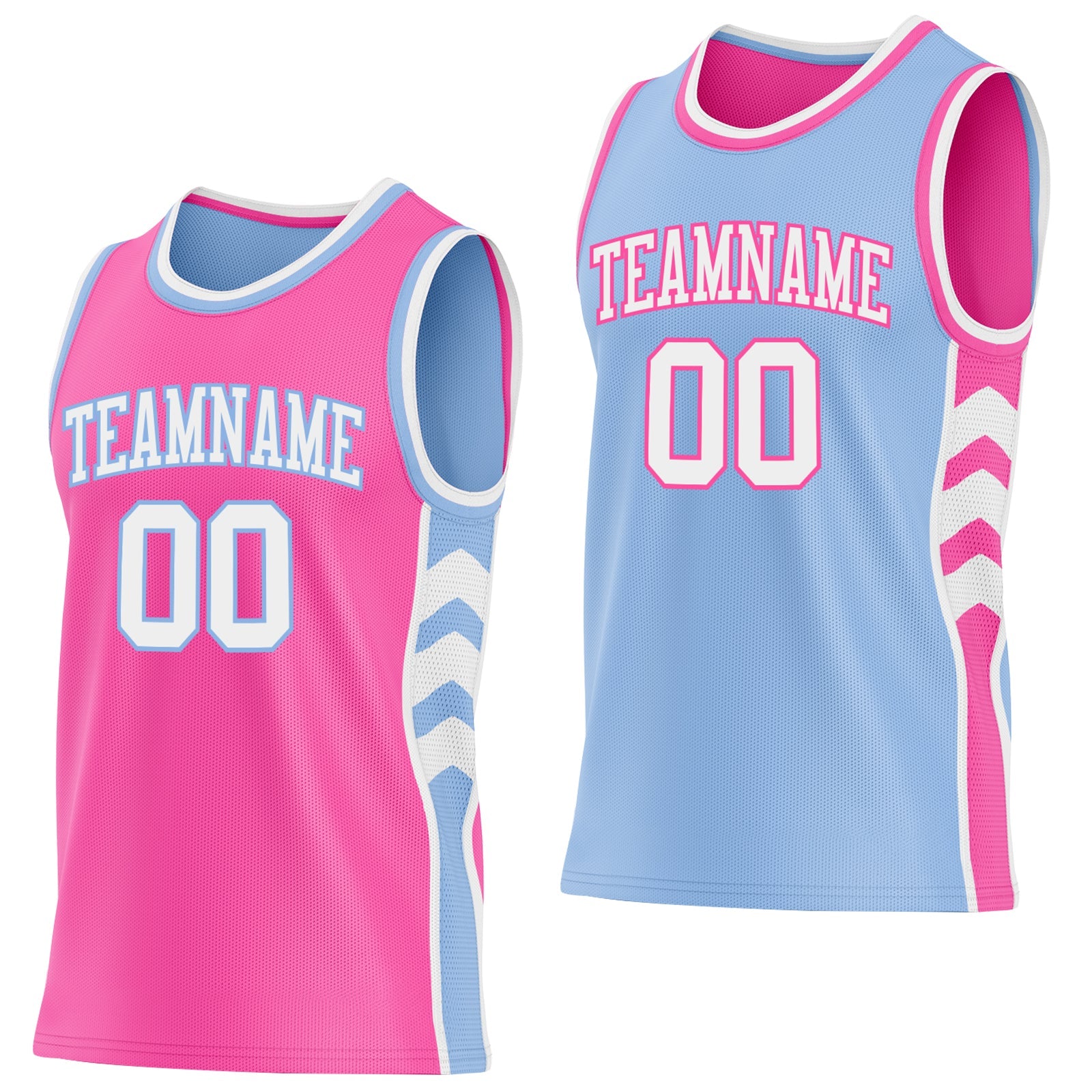 Custom Pink White-Light Blue Side Panel Geometric Chevron Reversible Double Side Sublimation Basketball Set Jersey - Main View