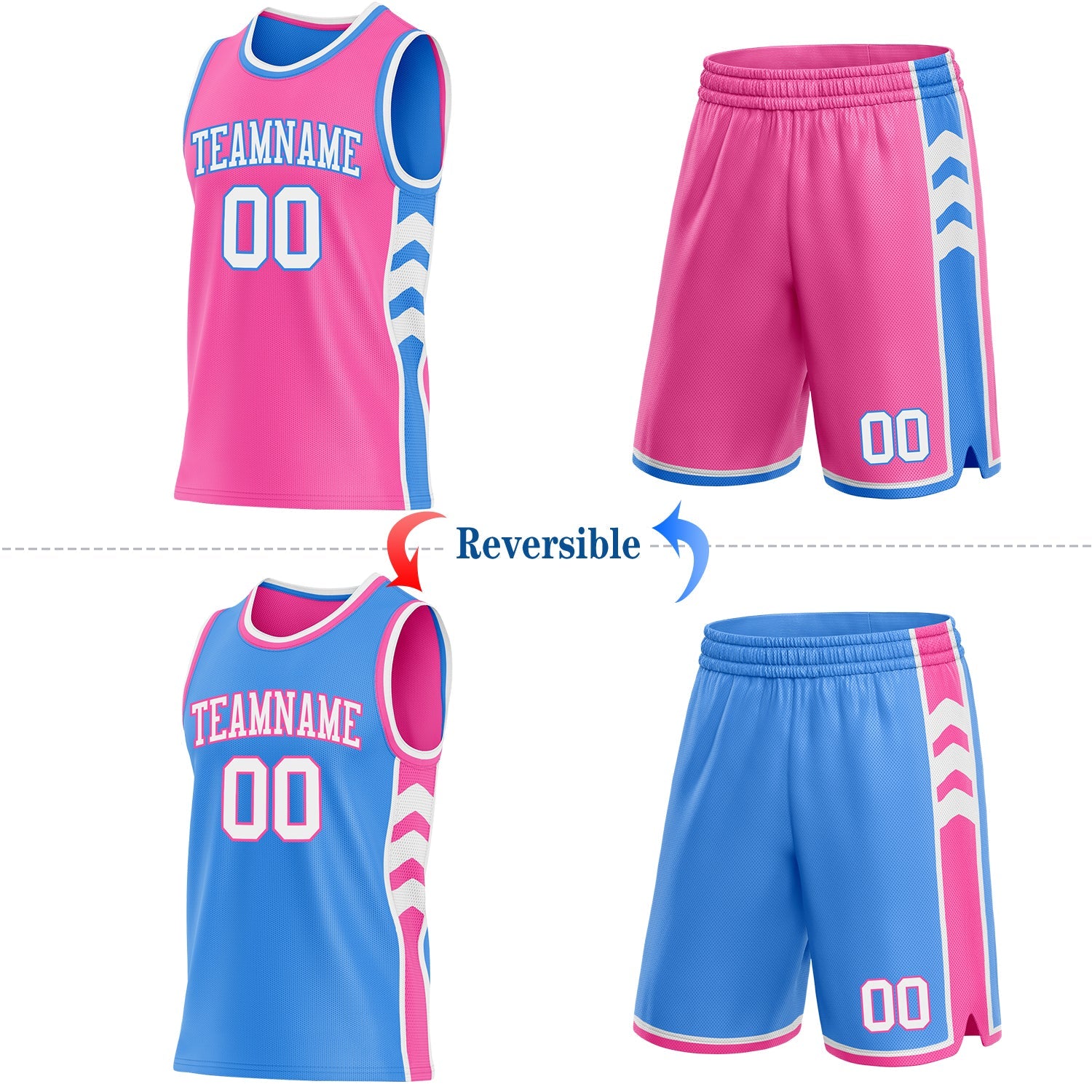 Custom Pink White-Powder Blue Side Panel Geometric Chevron Reversible Double Side Sublimation Basketball Set Jersey view 2
