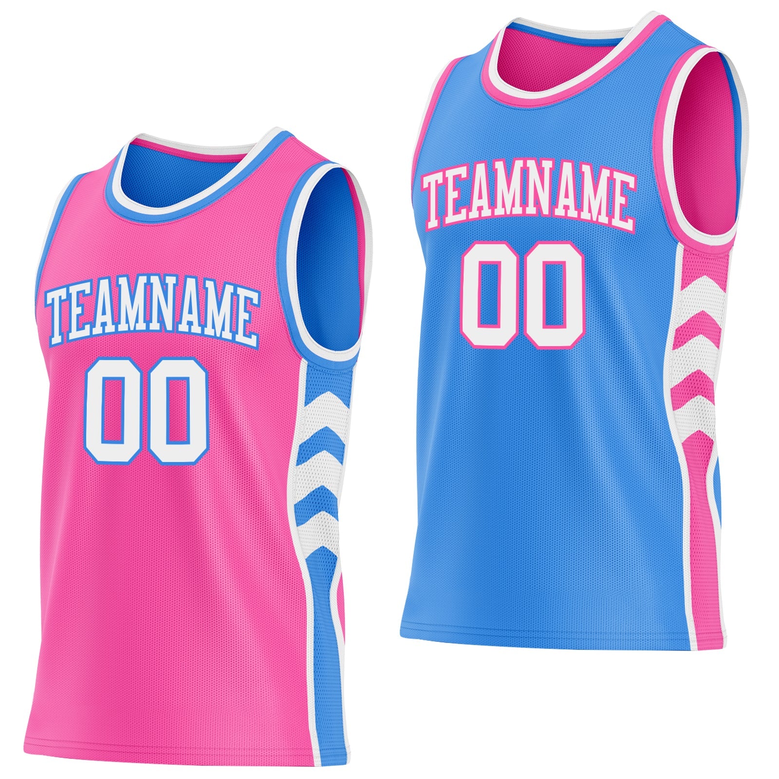 Custom Pink White-Powder Blue Side Panel Geometric Chevron Reversible Double Side Sublimation Basketball Set Jersey - Main View
