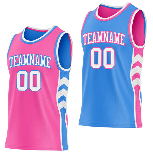 Custom Pink White-Powder Blue Side Panel Geometric Chevron Reversible Double Side Sublimation Basketball Set Jersey - Main View
