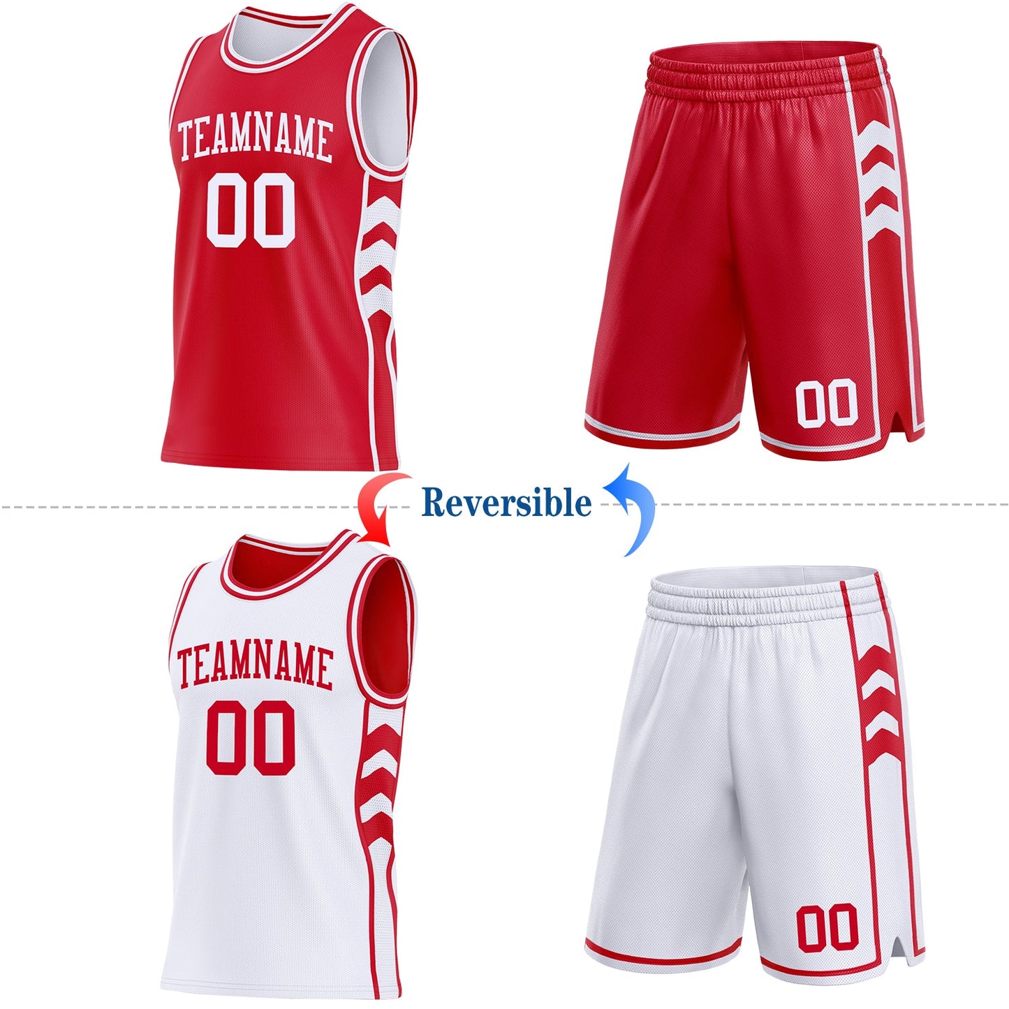 Custom Red-White Side Panel Geometric Chevron Reversible Double Side Sublimation Basketball Set Jersey view 2
