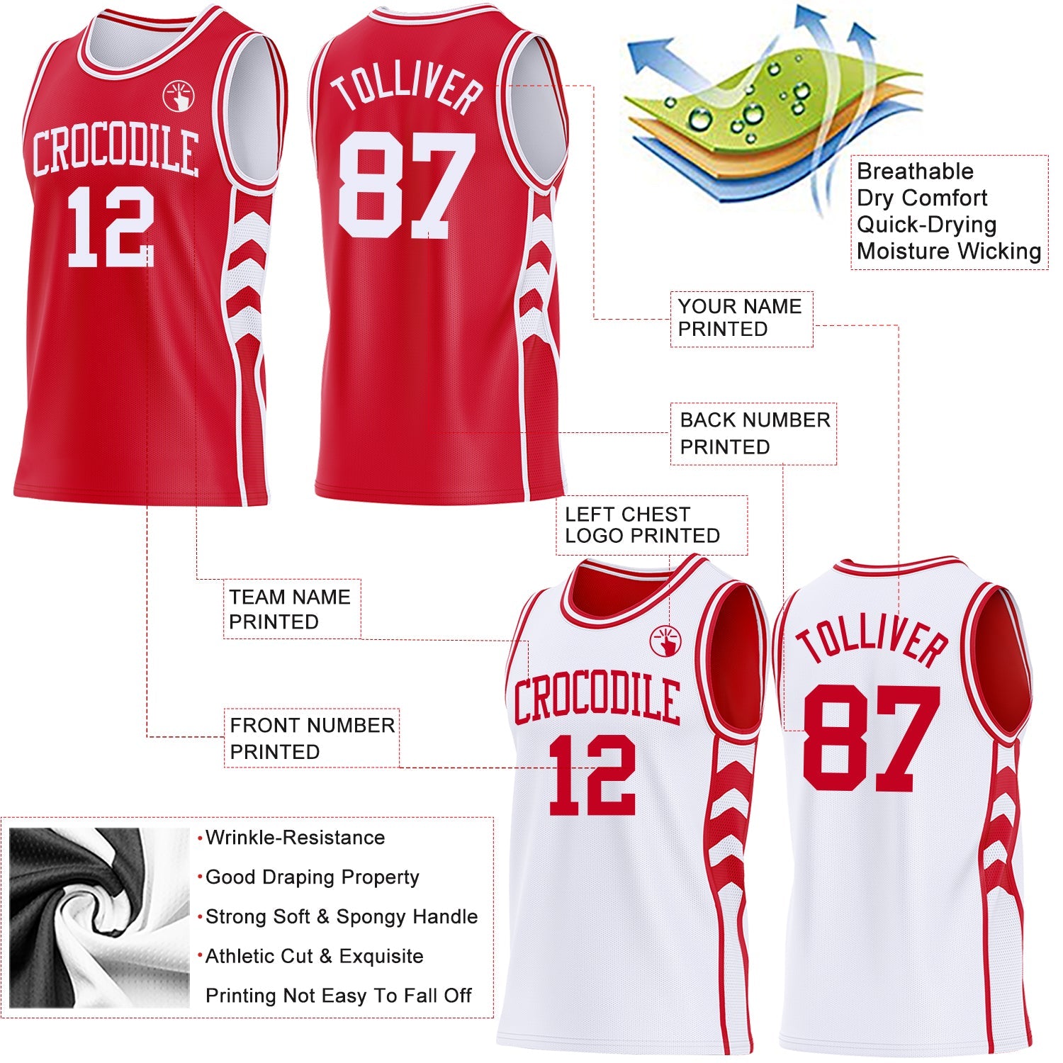 Custom Red-White Side Panel Geometric Chevron Reversible Double Side Sublimation Basketball Set Jersey view 3