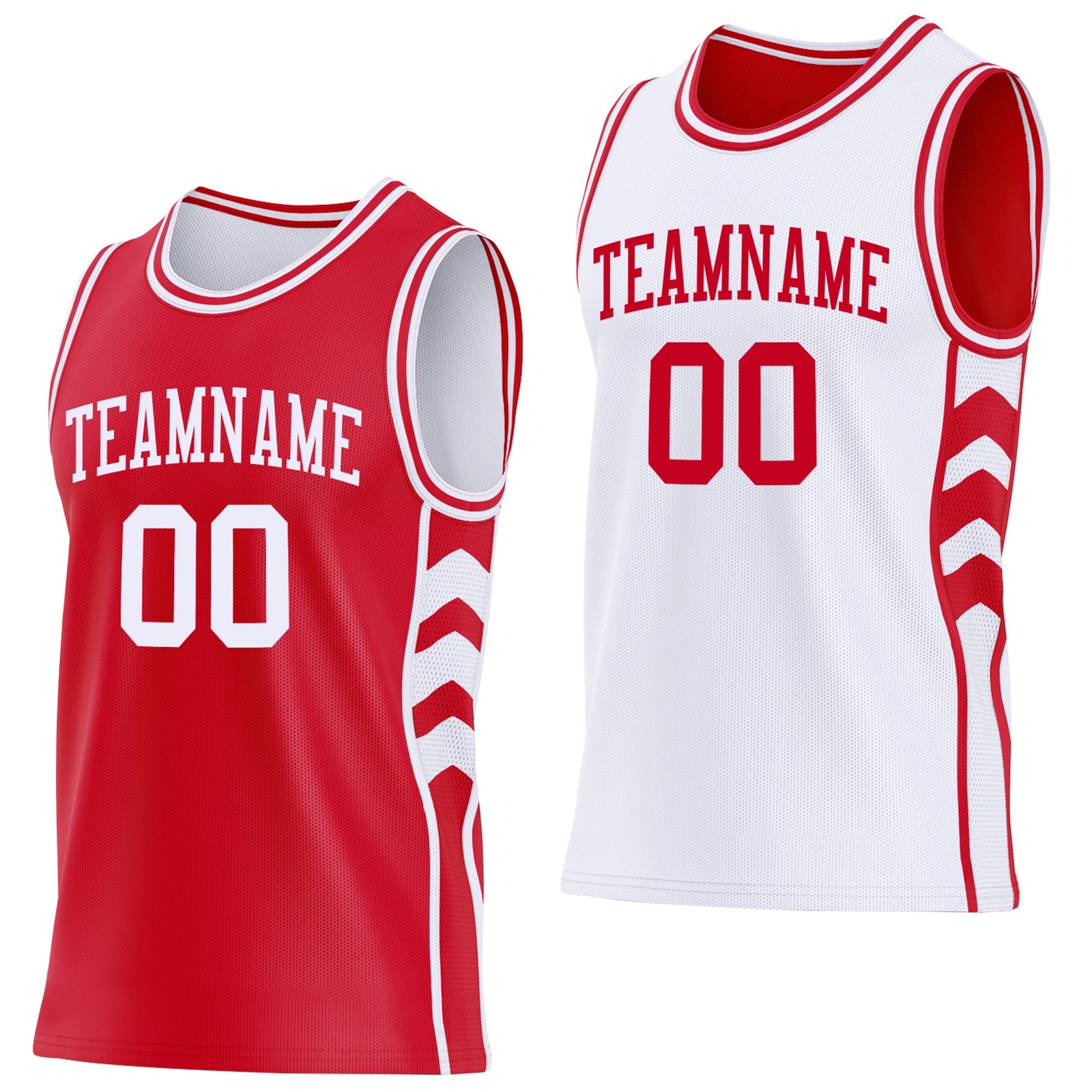 Custom Red-White Side Panel Geometric Chevron Reversible Double Side Sublimation Basketball Set Jersey - Main View