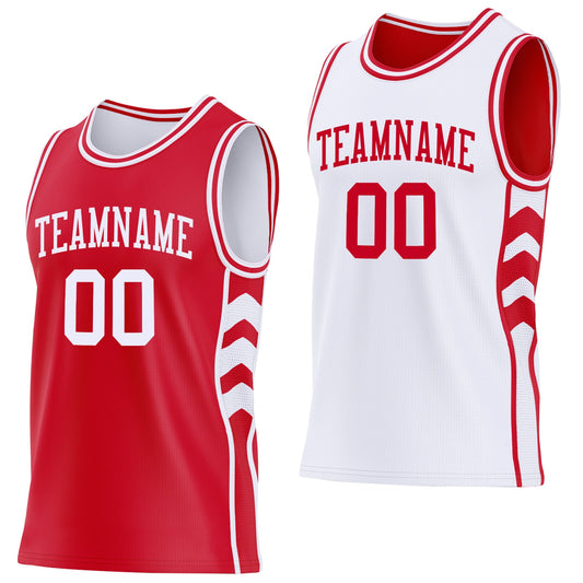 Custom Red-White Side Panel Geometric Chevron Reversible Double Side Sublimation Basketball Set Jersey - Main View