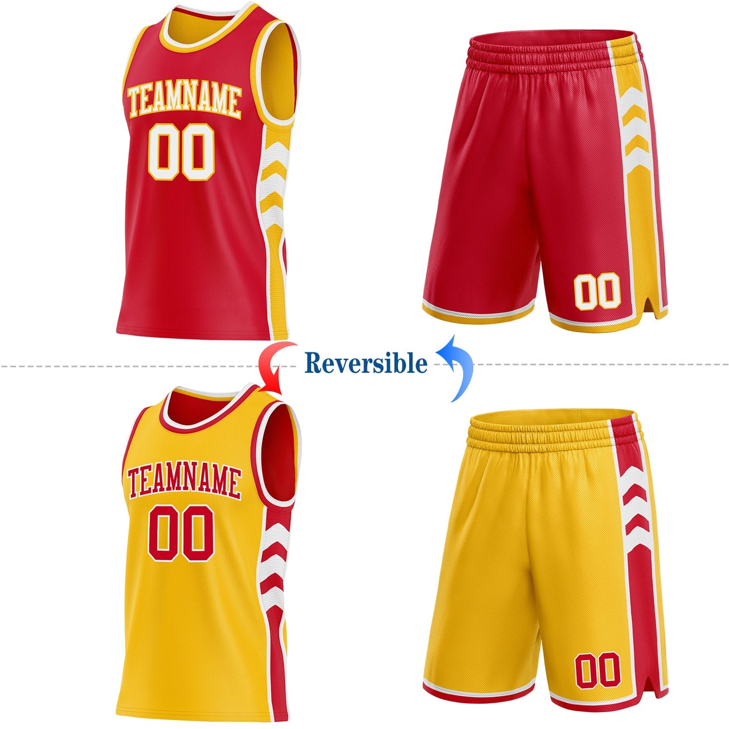 Custom Red White-Gold Side Panel Geometric Chevron Reversible Double Side Sublimation Basketball Set Jersey view 2