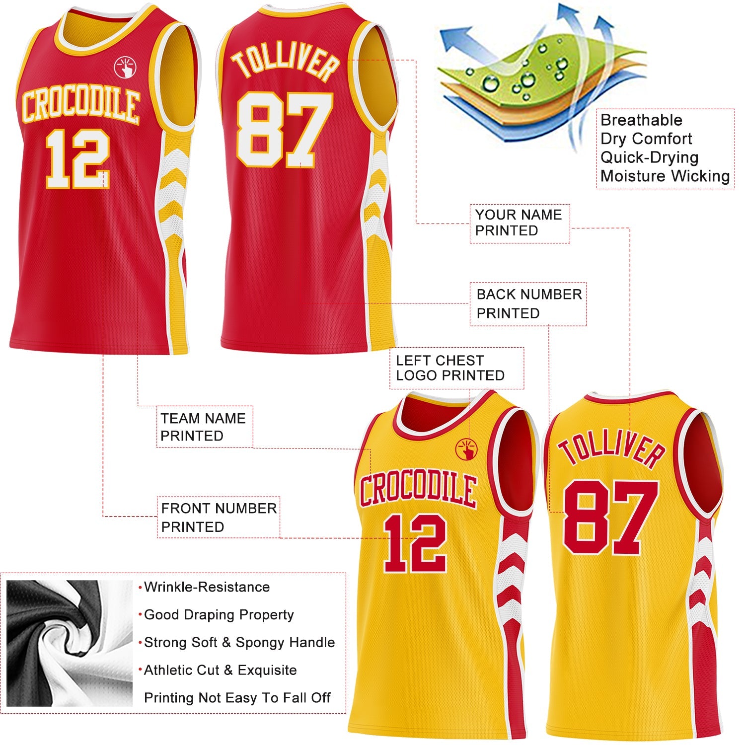 Custom Red White-Gold Side Panel Geometric Chevron Reversible Double Side Sublimation Basketball Set Jersey view 3