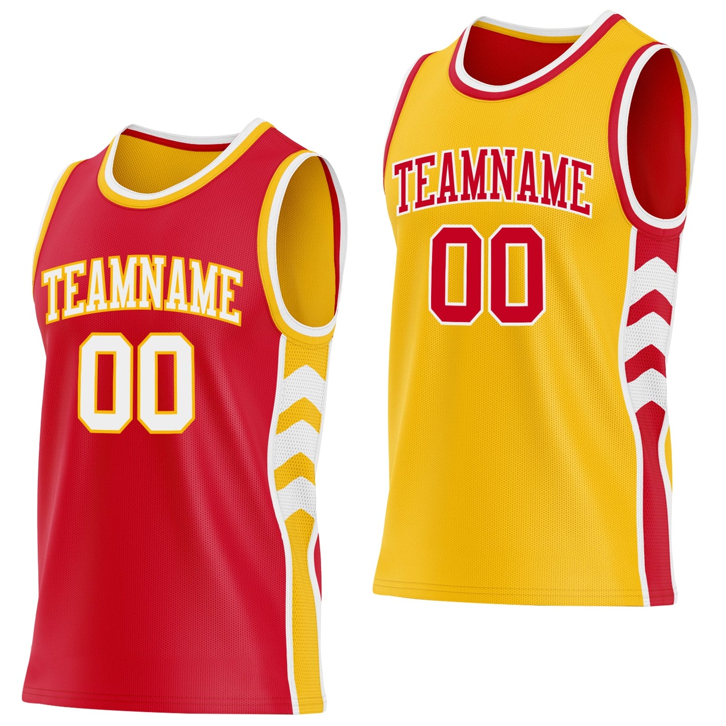 Custom Red White-Gold Side Panel Geometric Chevron Reversible Double Side Sublimation Basketball Set Jersey - Main View