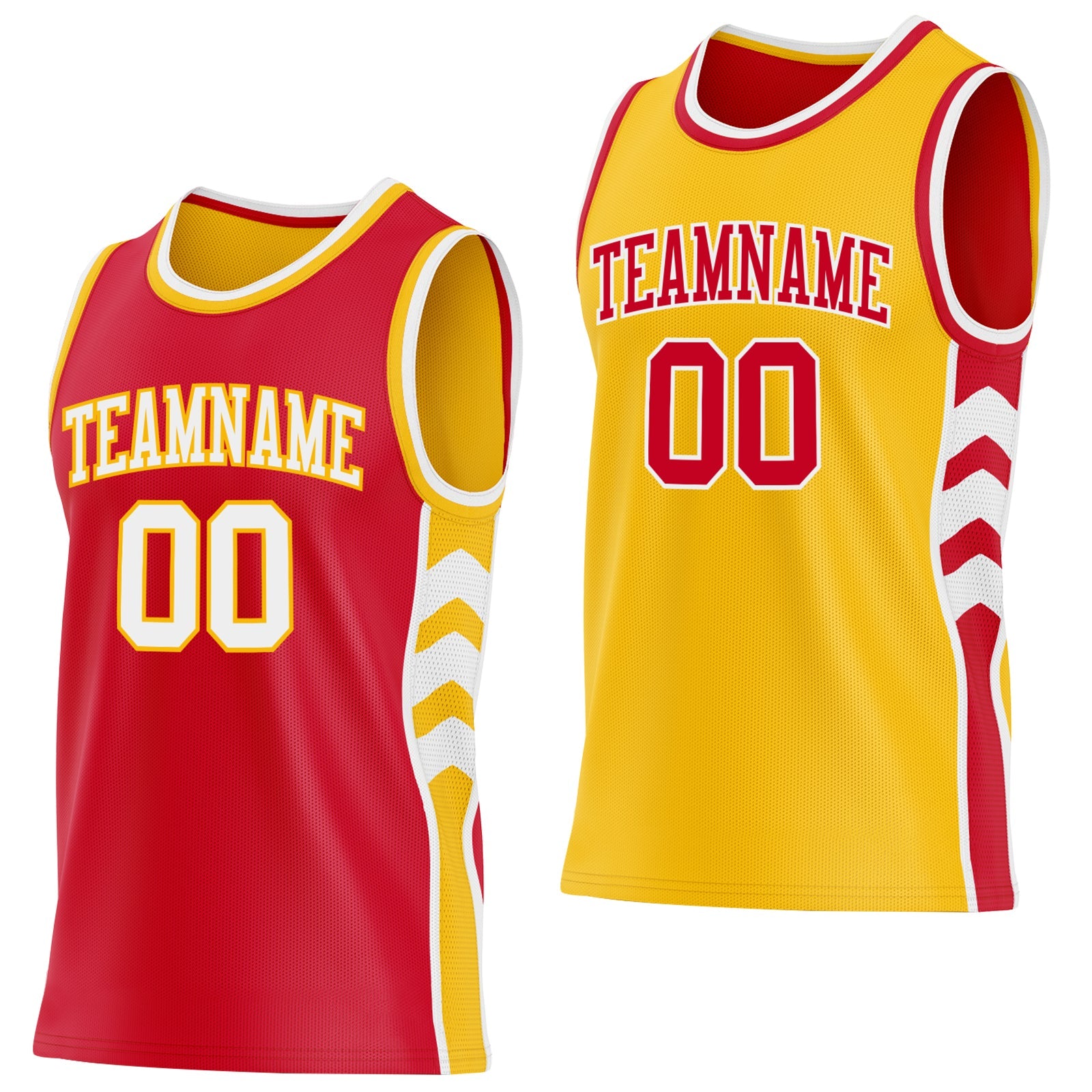 Custom Red White-Gold Side Panel Geometric Chevron Reversible Double Side Sublimation Basketball Set Jersey - Main View