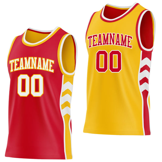 Custom Red White-Gold Side Panel Geometric Chevron Reversible Double Side Sublimation Basketball Set Jersey - Main View