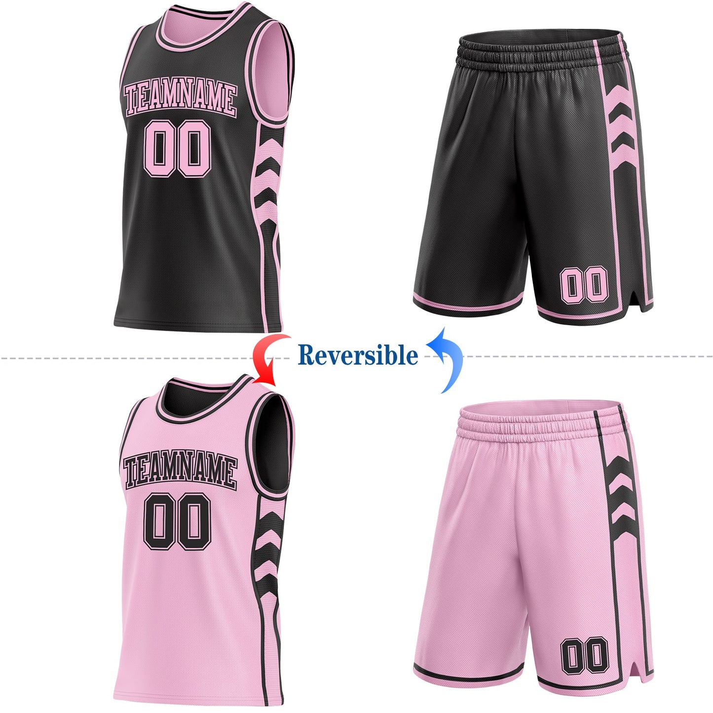 Custom Black-Light Pink Side Panel Geometric Chevron Reversible Double Side Sublimation Basketball Set Jersey view 2