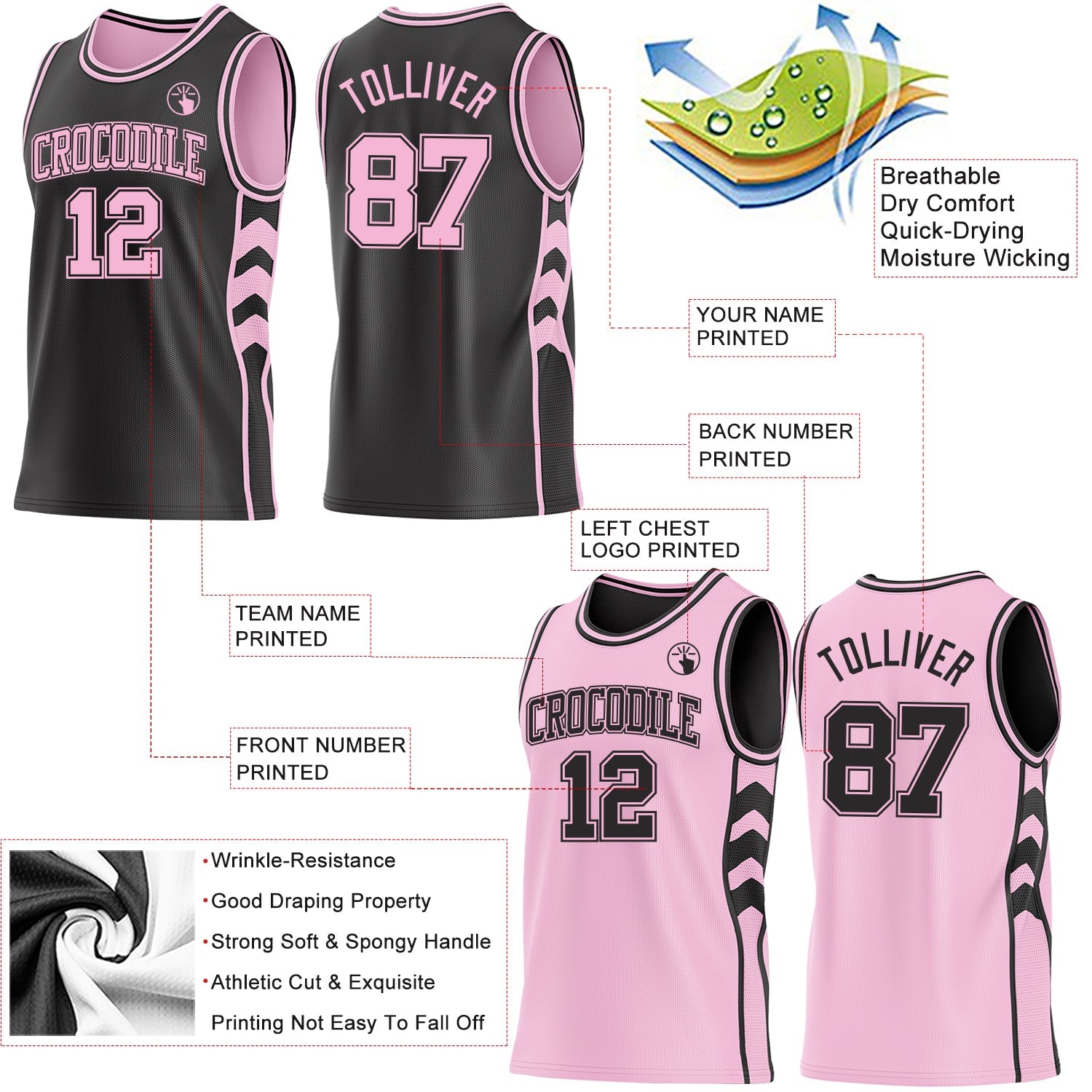 Custom Black-Light Pink Side Panel Geometric Chevron Reversible Double Side Sublimation Basketball Set Jersey view 3