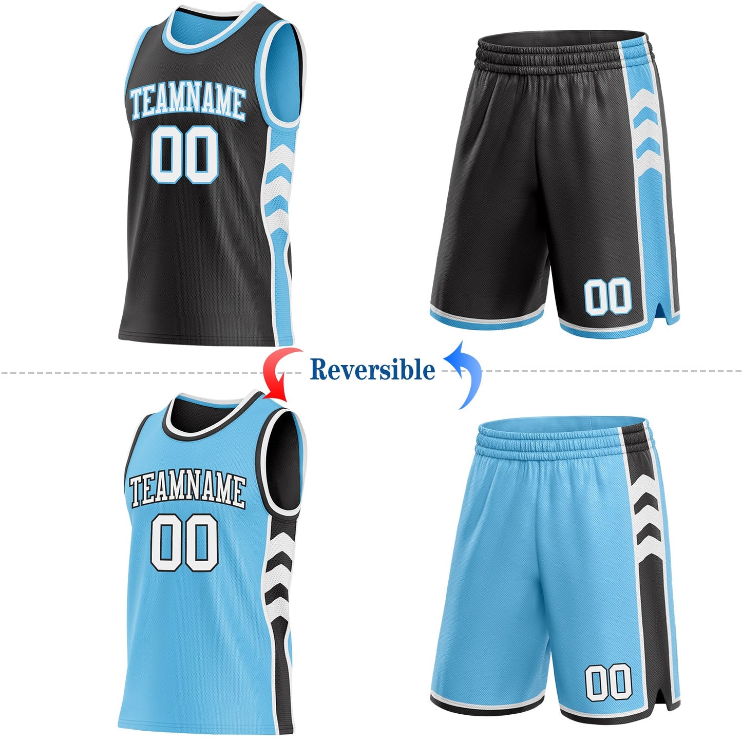 Custom Black White-Sky Blue Side Panel Geometric Chevron Reversible Double Side Sublimation Basketball Set Jersey view 2