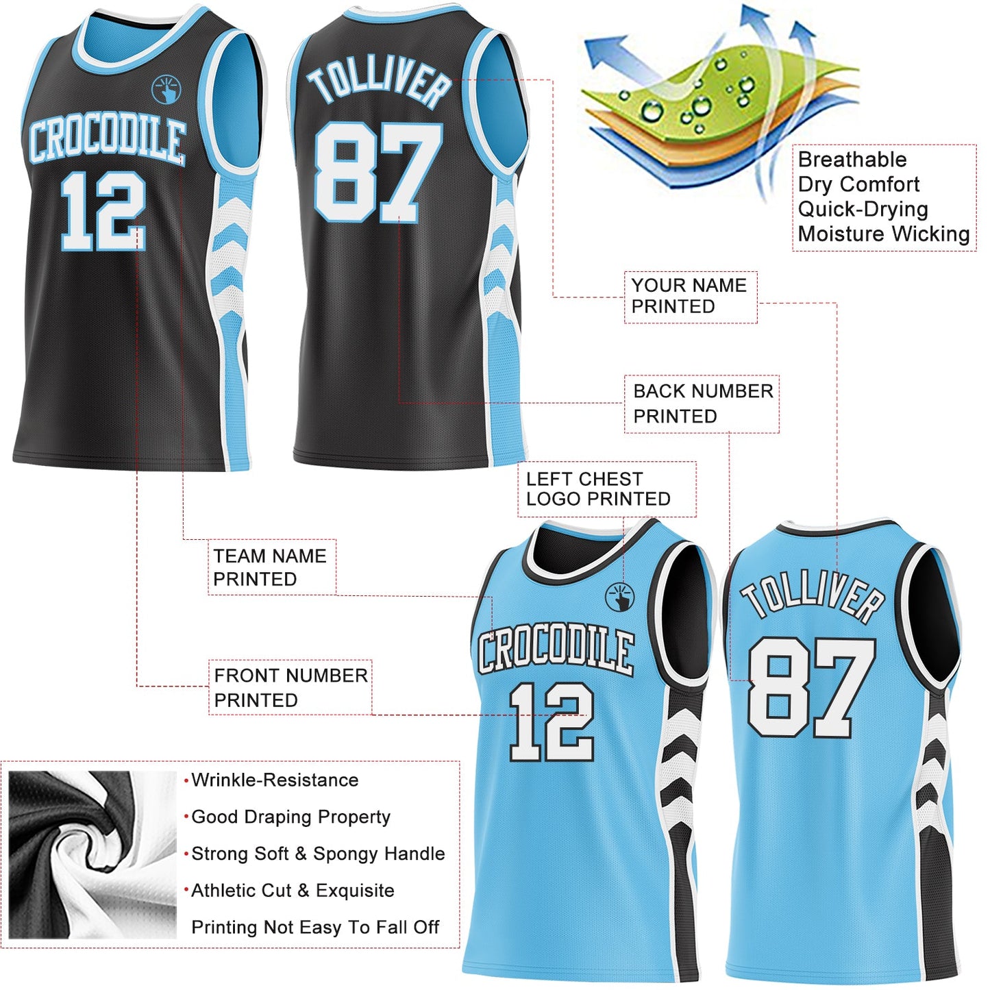 Custom Black White-Sky Blue Side Panel Geometric Chevron Reversible Double Side Sublimation Basketball Set Jersey view 3