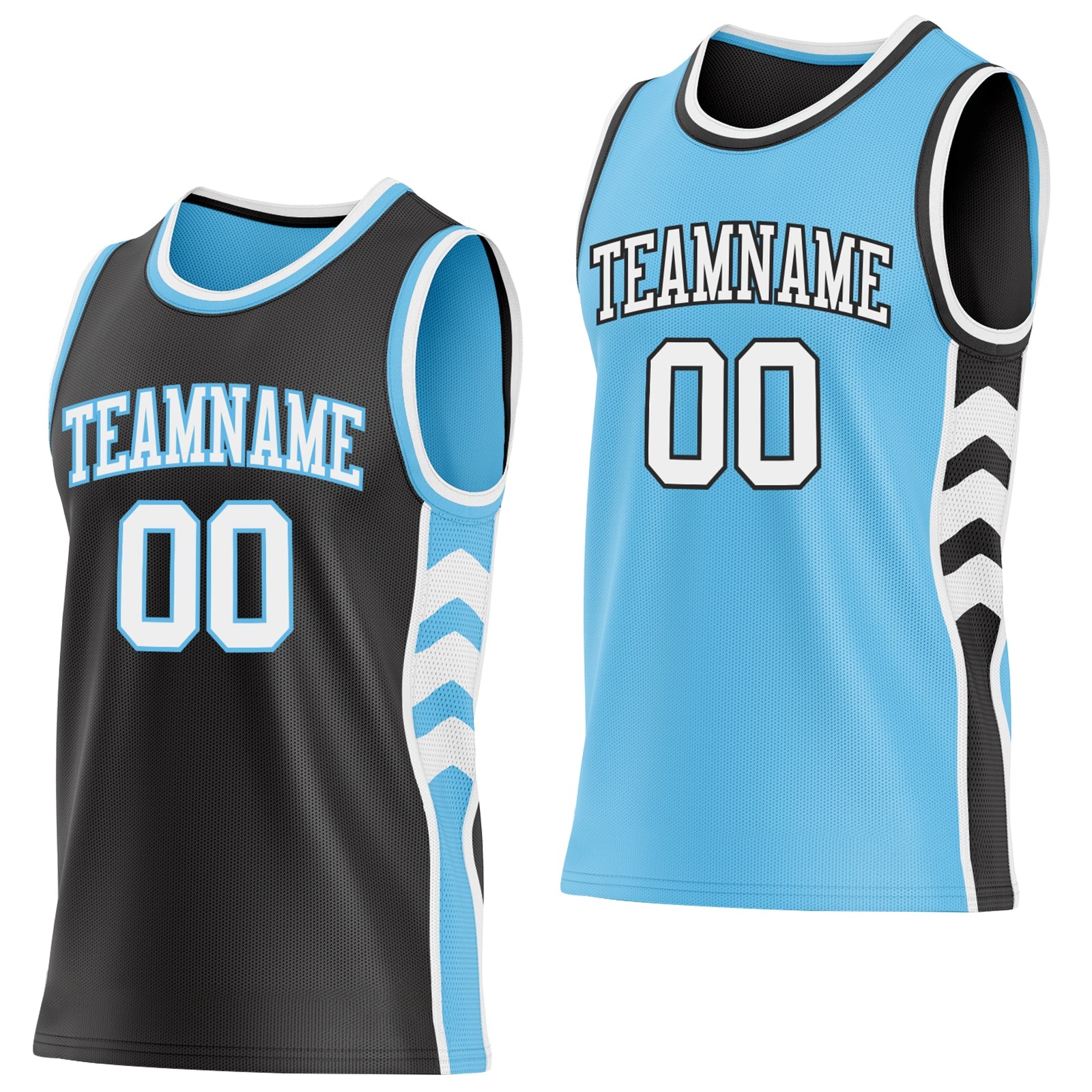 Custom Black White-Sky Blue Side Panel Geometric Chevron Reversible Double Side Sublimation Basketball Set Jersey - Main View