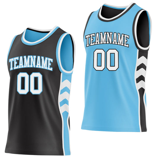 Custom Black White-Sky Blue Side Panel Geometric Chevron Reversible Double Side Sublimation Basketball Set Jersey - Main View