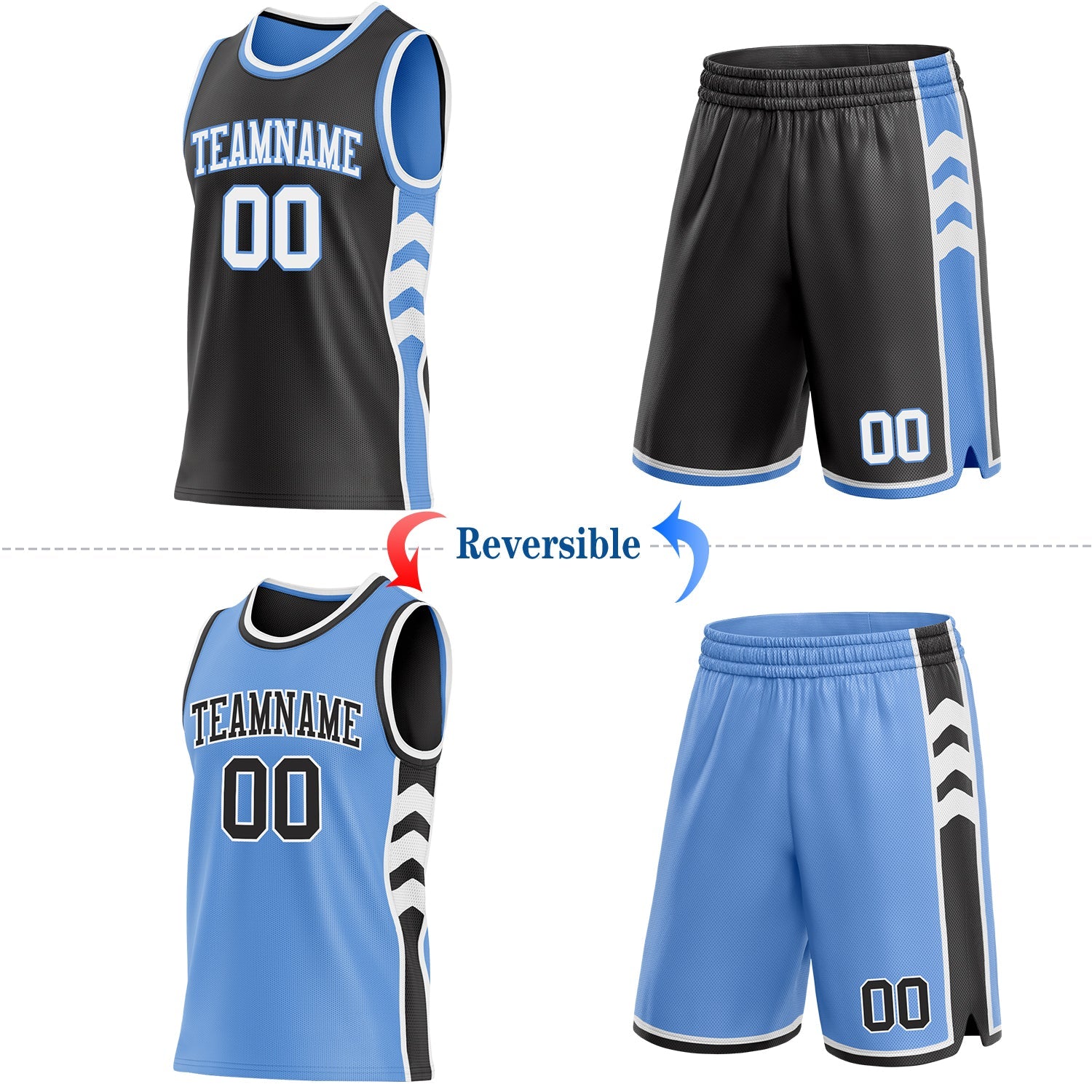 Custom Black White-Light Blue Side Panel Geometric Chevron Reversible Double Side Sublimation Basketball Set Jersey view 2