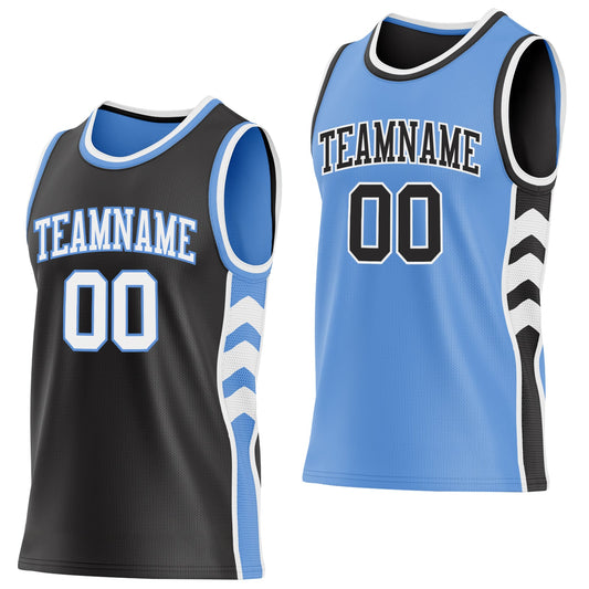 Custom Black White-Light Blue Side Panel Geometric Chevron Reversible Double Side Sublimation Basketball Set Jersey - Main View