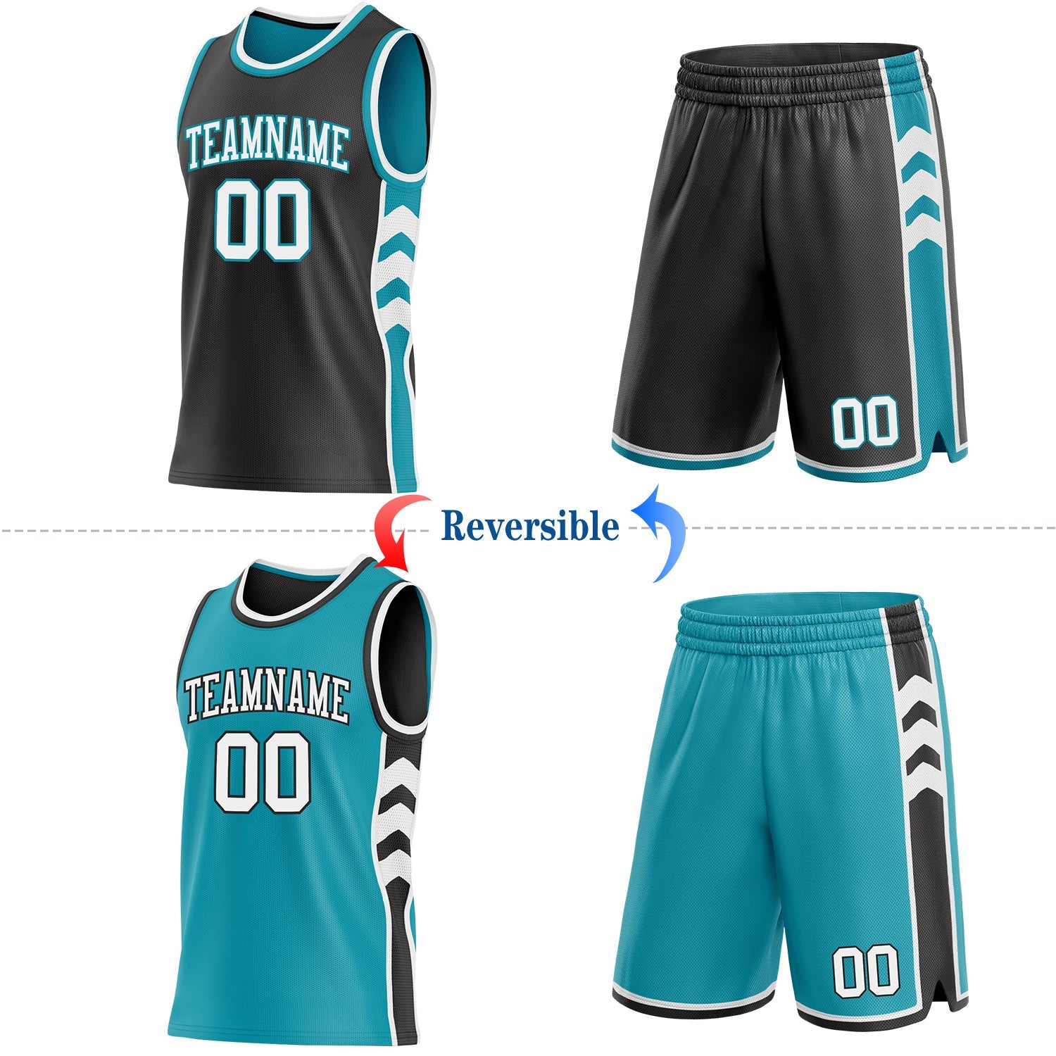 Custom Black White-Teal Side Panel Geometric Chevron Reversible Double Side Sublimation Basketball Set Jersey view 2