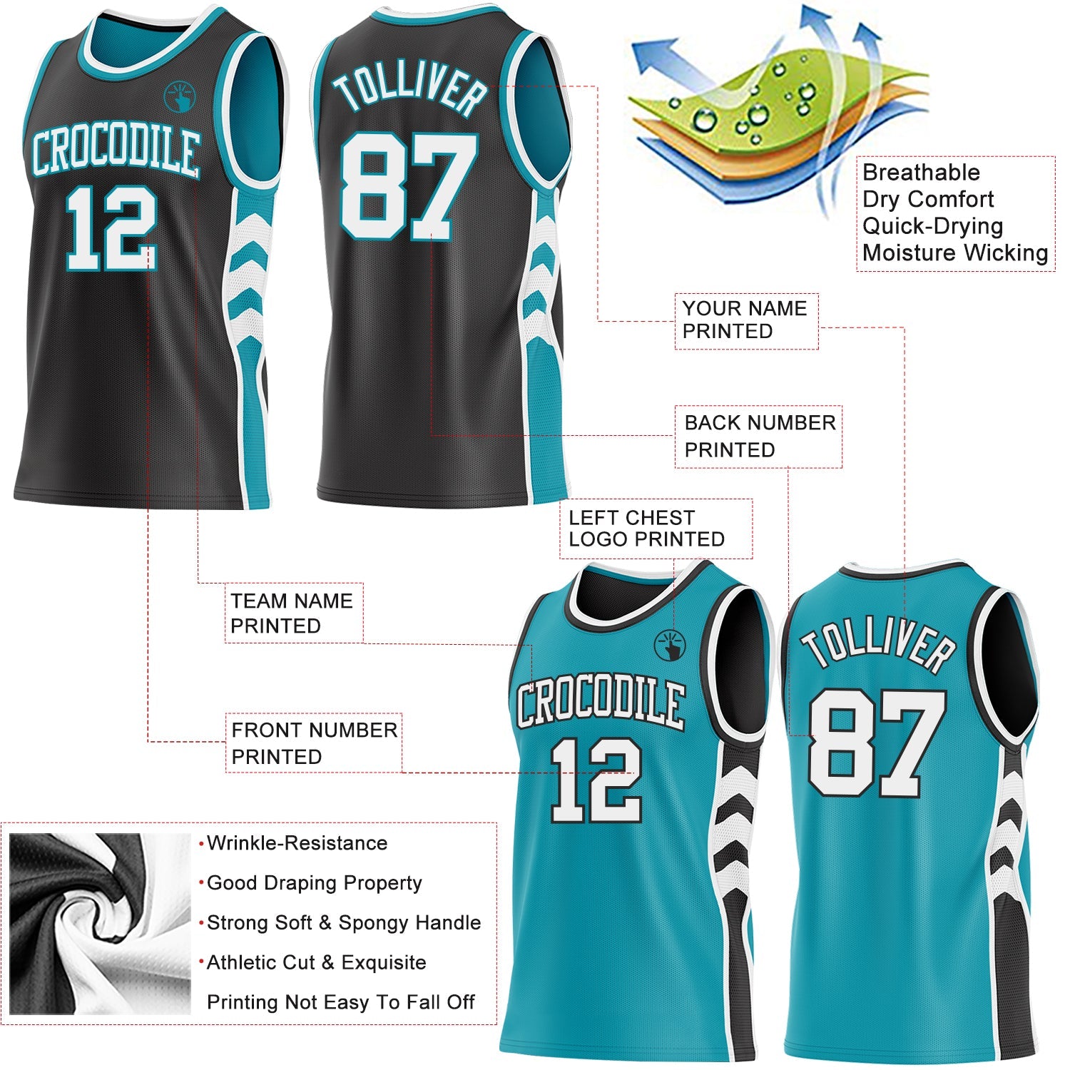 Custom Black White-Teal Side Panel Geometric Chevron Reversible Double Side Sublimation Basketball Set Jersey view 3