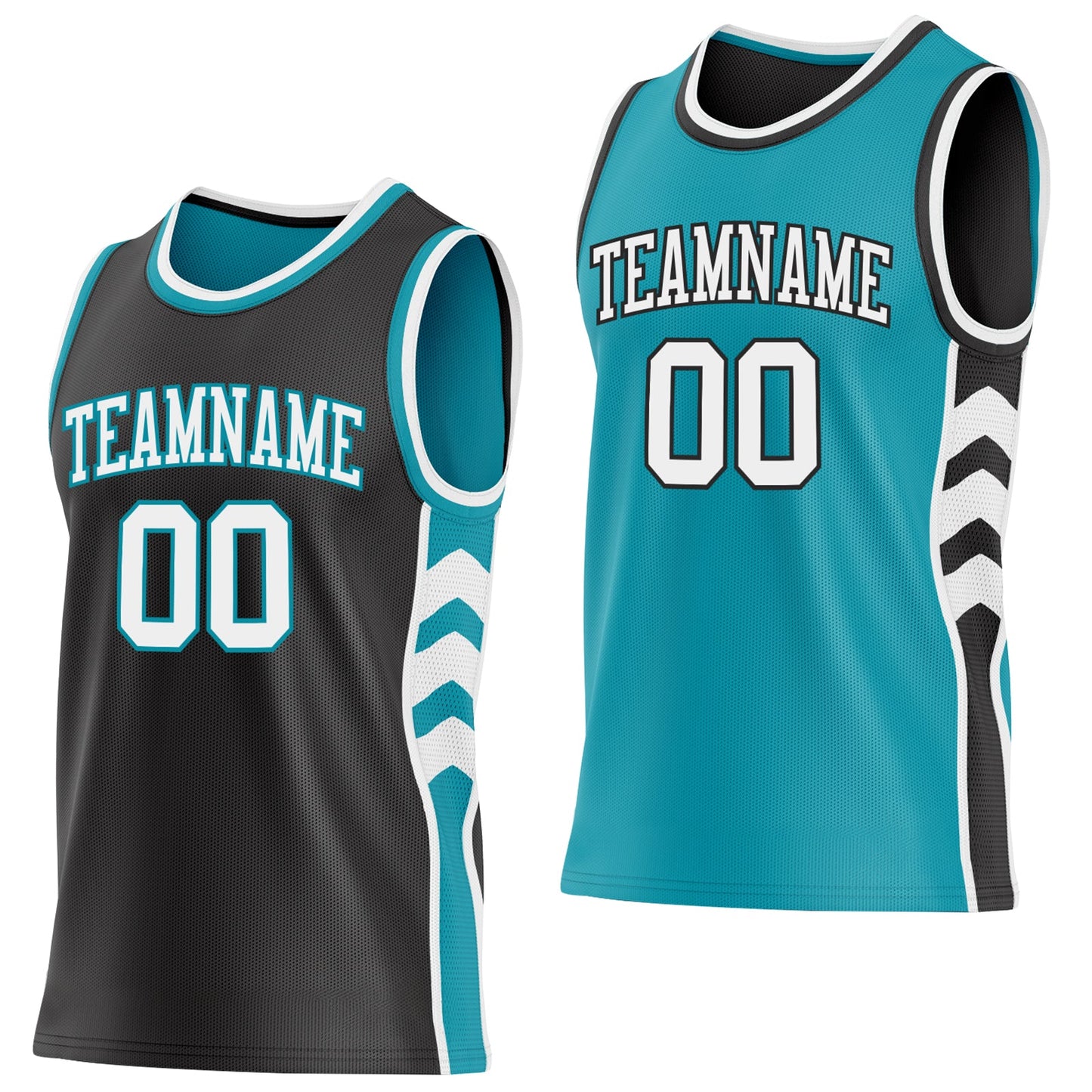 Custom Black White-Teal Side Panel Geometric Chevron Reversible Double Side Sublimation Basketball Set Jersey - Main View