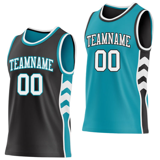 Custom Black White-Teal Side Panel Geometric Chevron Reversible Double Side Sublimation Basketball Set Jersey - Main View