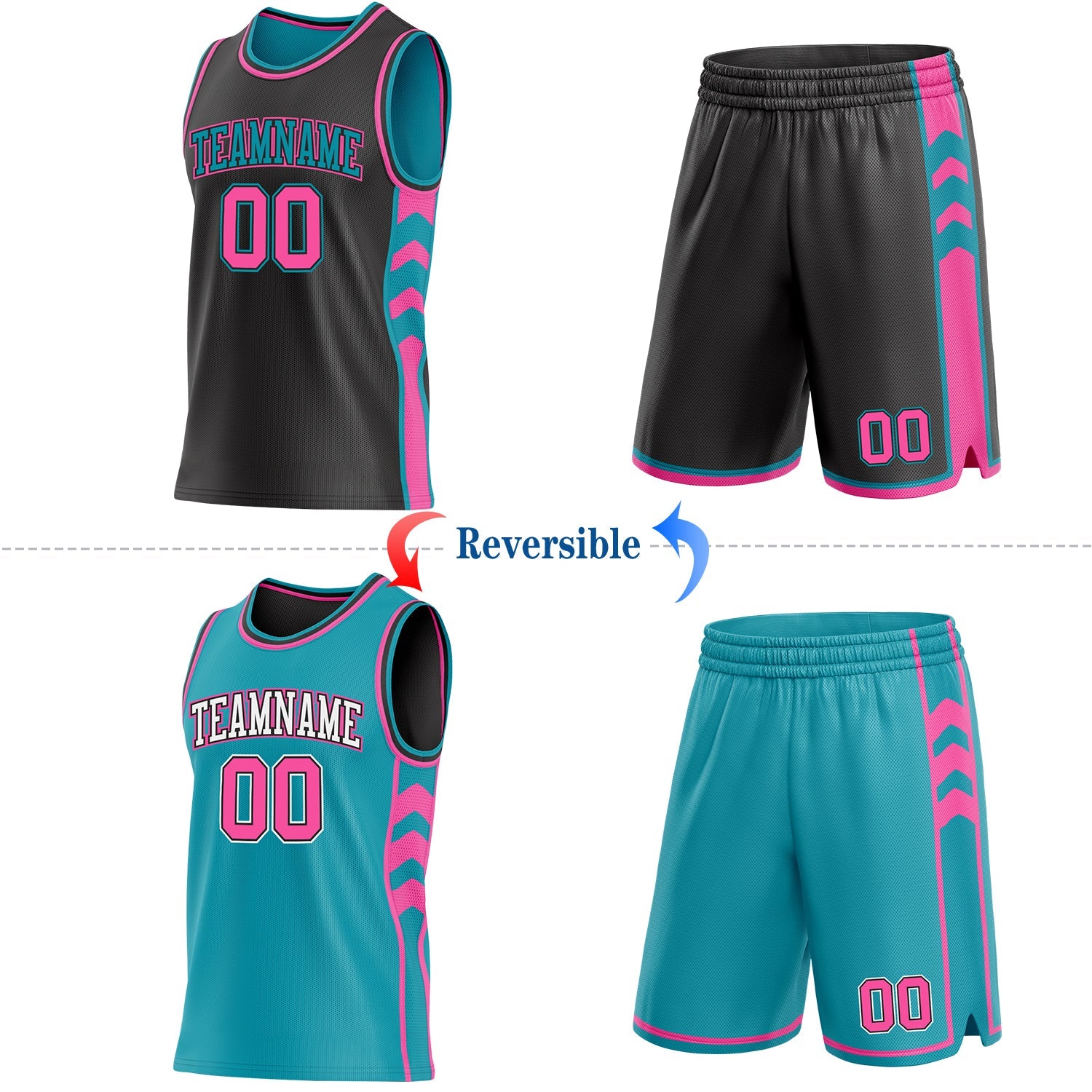 Custom Black Pink-Teal Side Panel Geometric Chevron Reversible Double Side Sublimation Basketball Set Jersey view 2