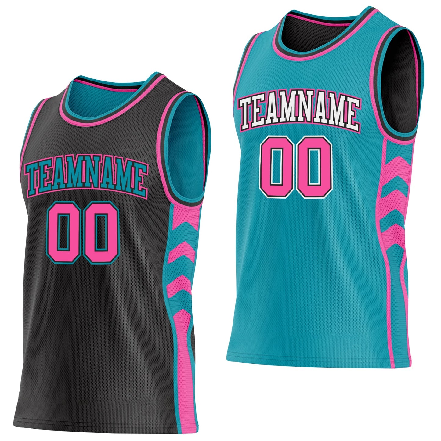 Custom Black Pink-Teal Side Panel Geometric Chevron Reversible Double Side Sublimation Basketball Set Jersey - Main View