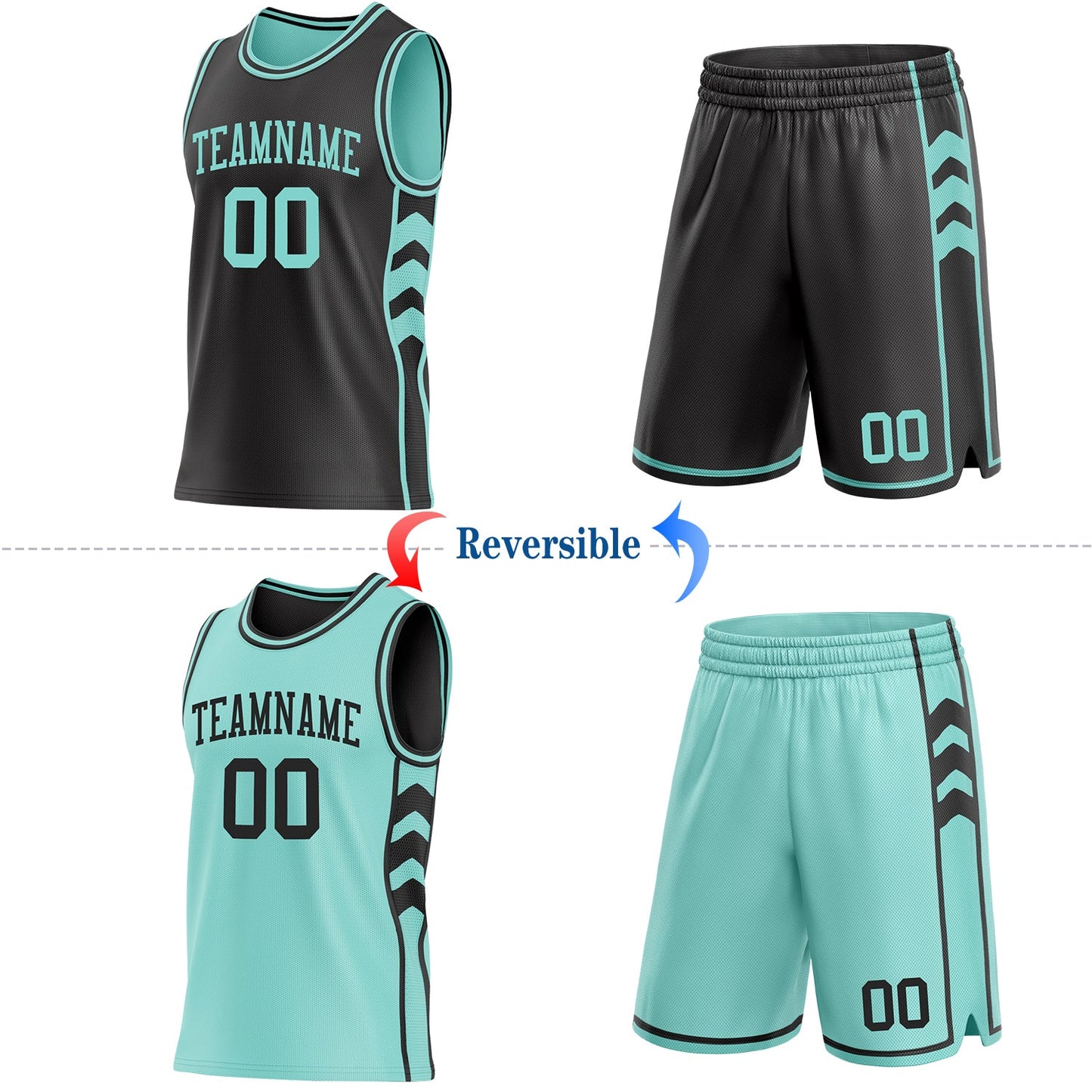 Custom Black-Ice Blue Side Panel Geometric Chevron Reversible Double Side Sublimation Basketball Set Jersey view 2