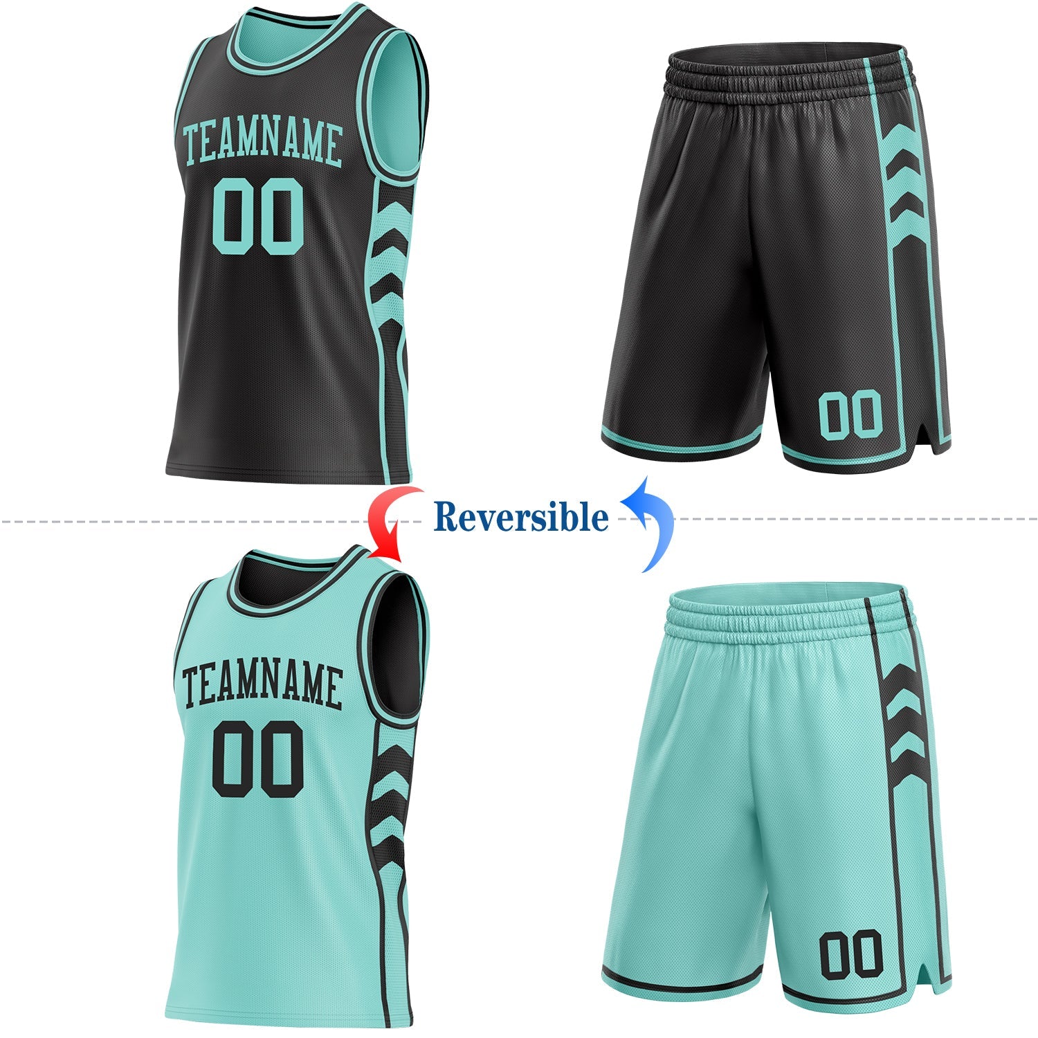 Custom Black-Ice Blue Side Panel Geometric Chevron Reversible Double Side Sublimation Basketball Set Jersey view 2