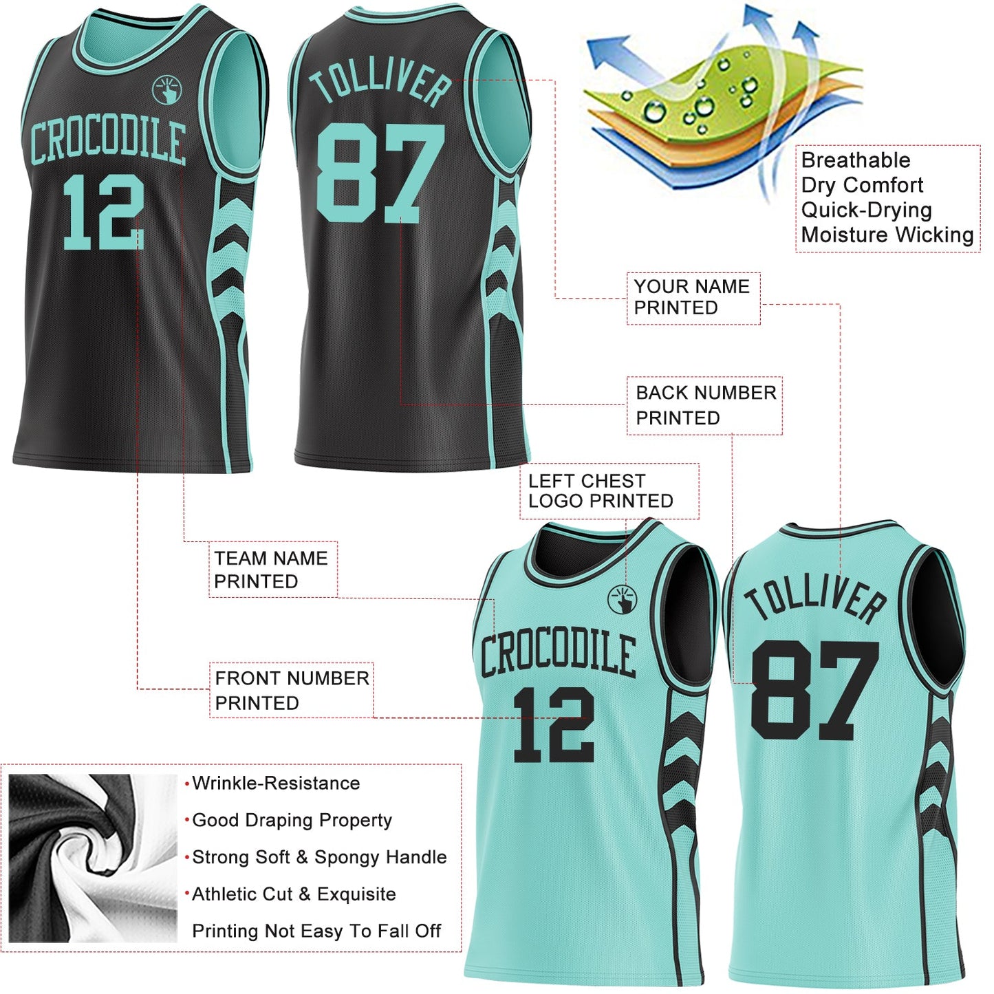Custom Black-Ice Blue Side Panel Geometric Chevron Reversible Double Side Sublimation Basketball Set Jersey view 3