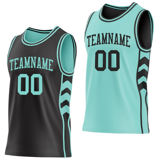 Custom Black-Ice Blue Side Panel Geometric Chevron Reversible Double Side Sublimation Basketball Set Jersey - Main View