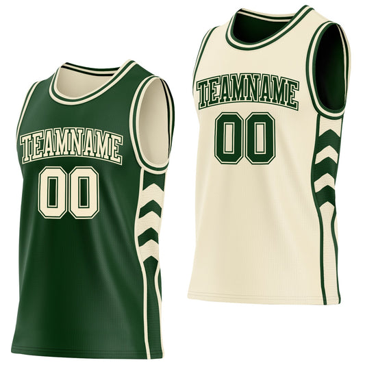 Custom Green-Cream Side Panel Geometric Chevron Reversible Double Side Sublimation Basketball Set Jersey - Main View