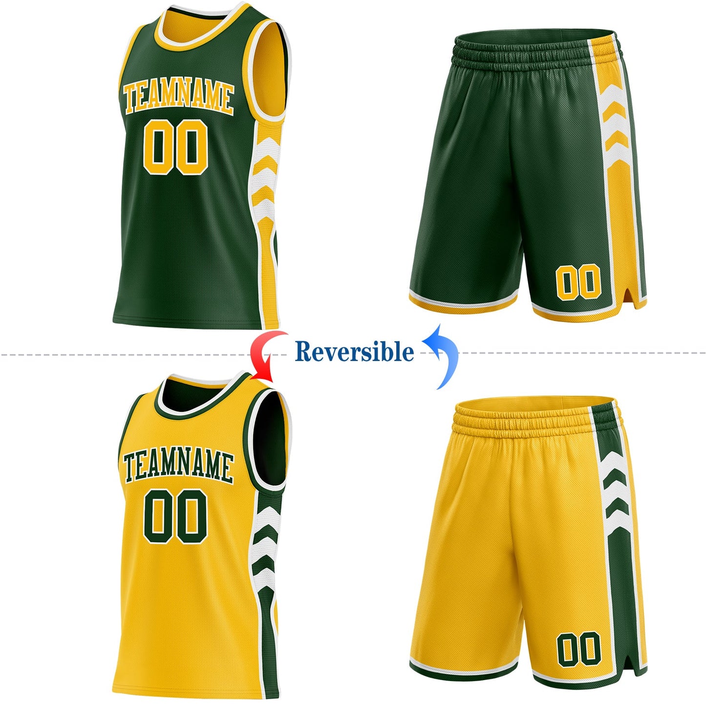 Custom Green Gold-White Side Panel Geometric Chevron Reversible Double Side Sublimation Basketball Set Jersey view 2