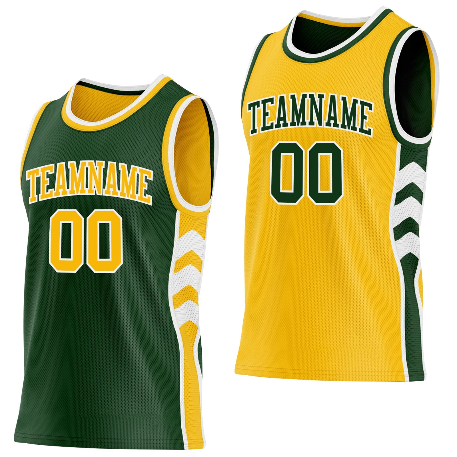 Custom Green Gold-White Side Panel Geometric Chevron Reversible Double Side Sublimation Basketball Set Jersey - Main View