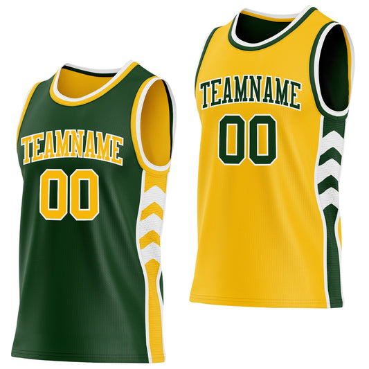 Custom Green Gold-White Side Panel Geometric Chevron Reversible Double Side Sublimation Basketball Set Jersey - Main View