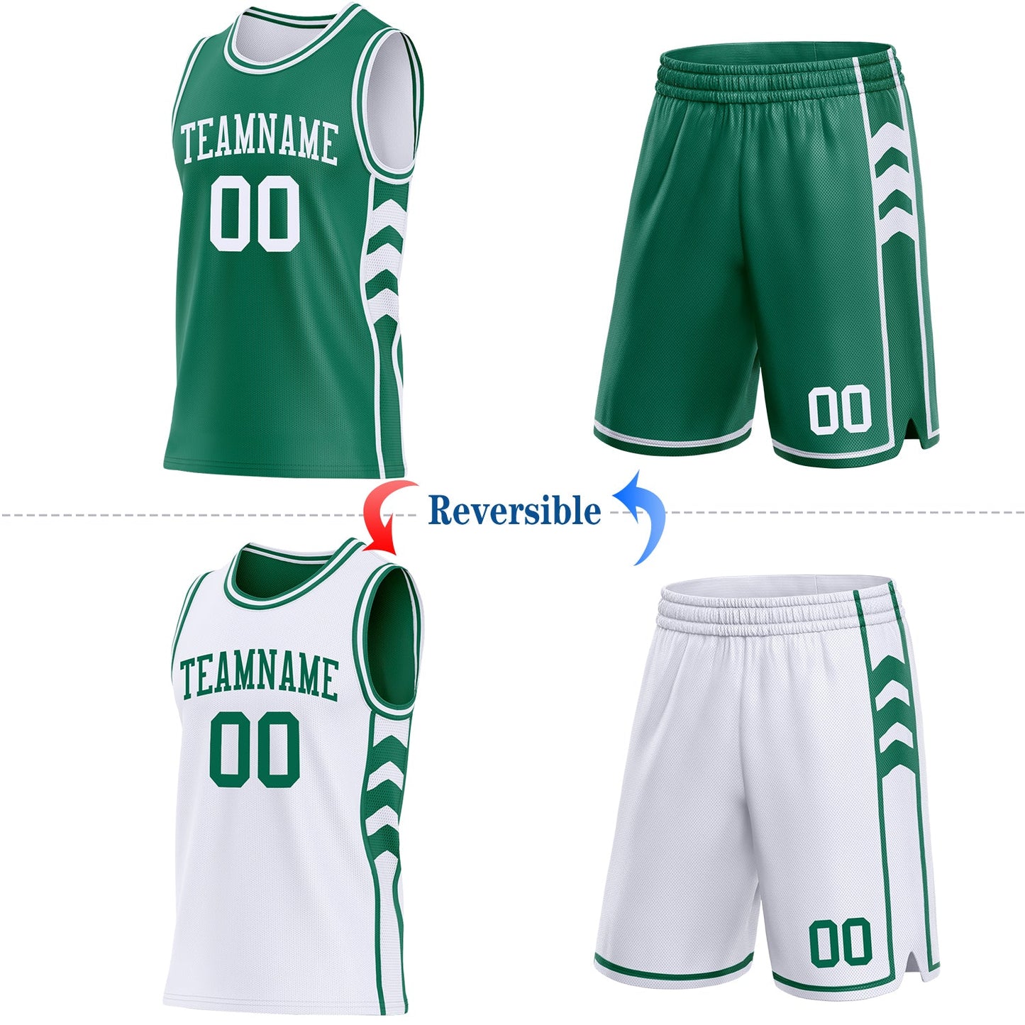 Custom Kelly Green-White Side Panel Geometric Chevron Reversible Double Side Sublimation Basketball Set Jersey view 2