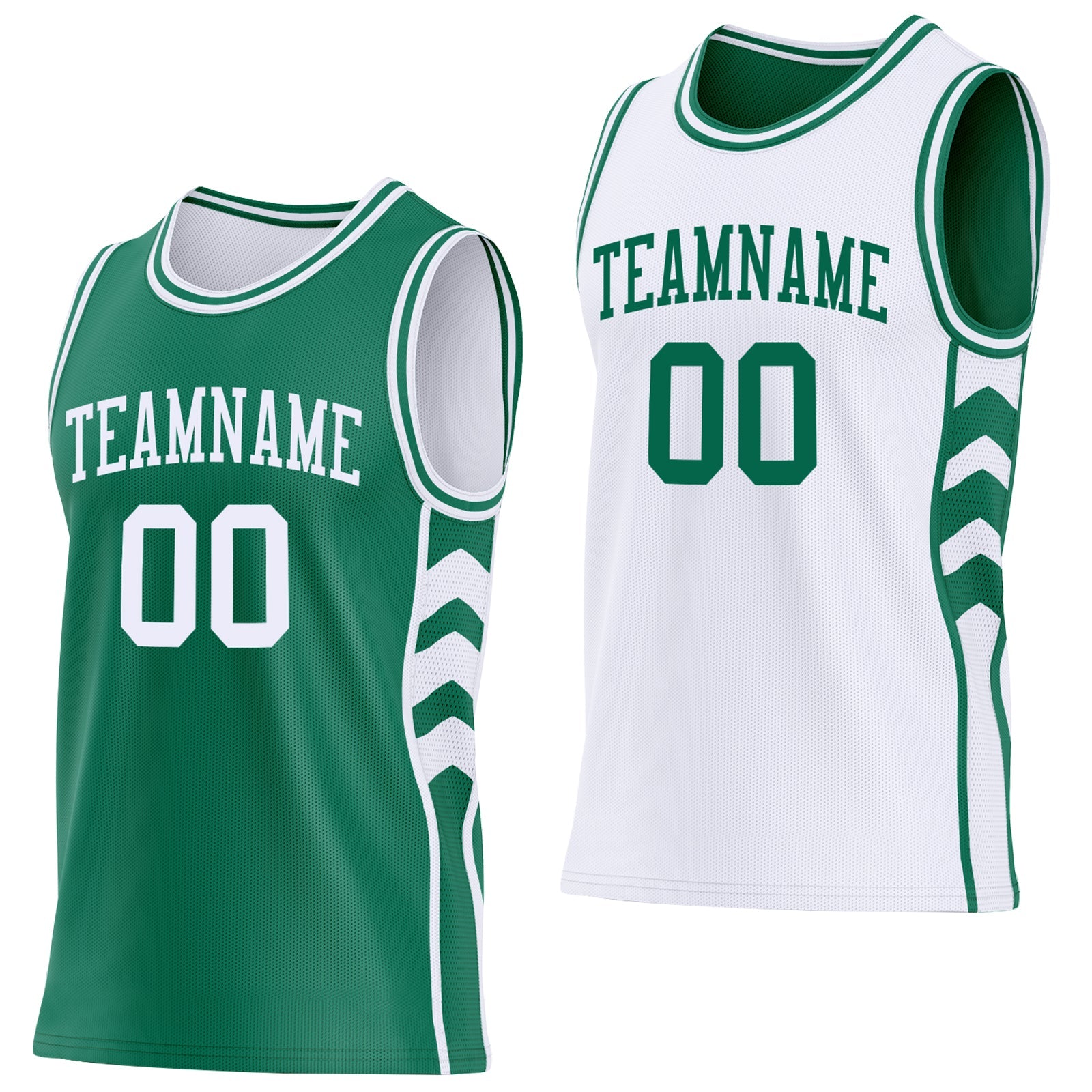 Custom Kelly Green-White Side Panel Geometric Chevron Reversible Double Side Sublimation Basketball Set Jersey - Main View