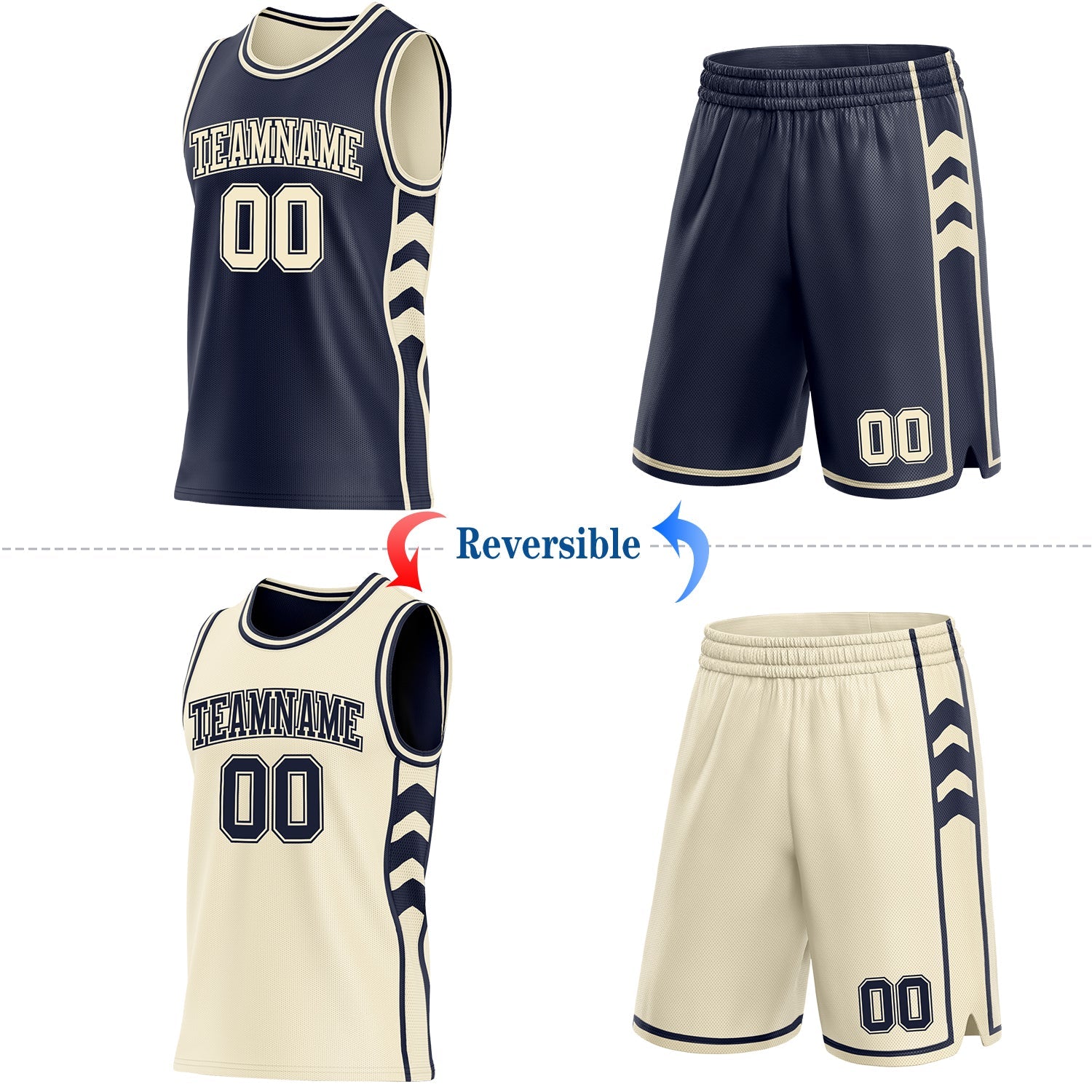 Custom Navy-Cream Side Panel Geometric Chevron Reversible Double Side Sublimation Basketball Set Jersey view 2